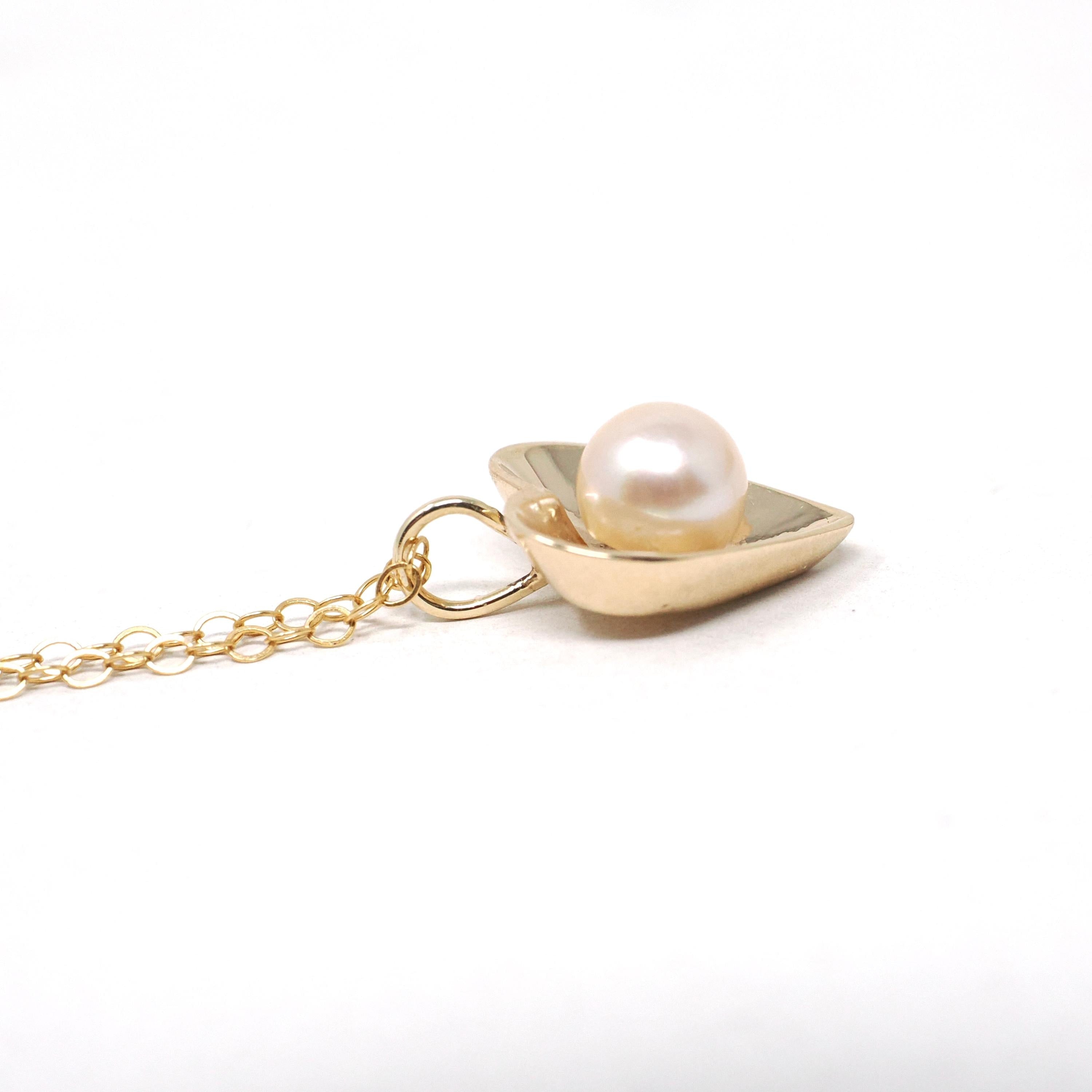 Vintage Heart Charm - Mid Century 14k Yellow Gold Cultured Pearl Pendant Necklace - Circa 1940s Era Dainty Fine Love June Birthstone Jewelry