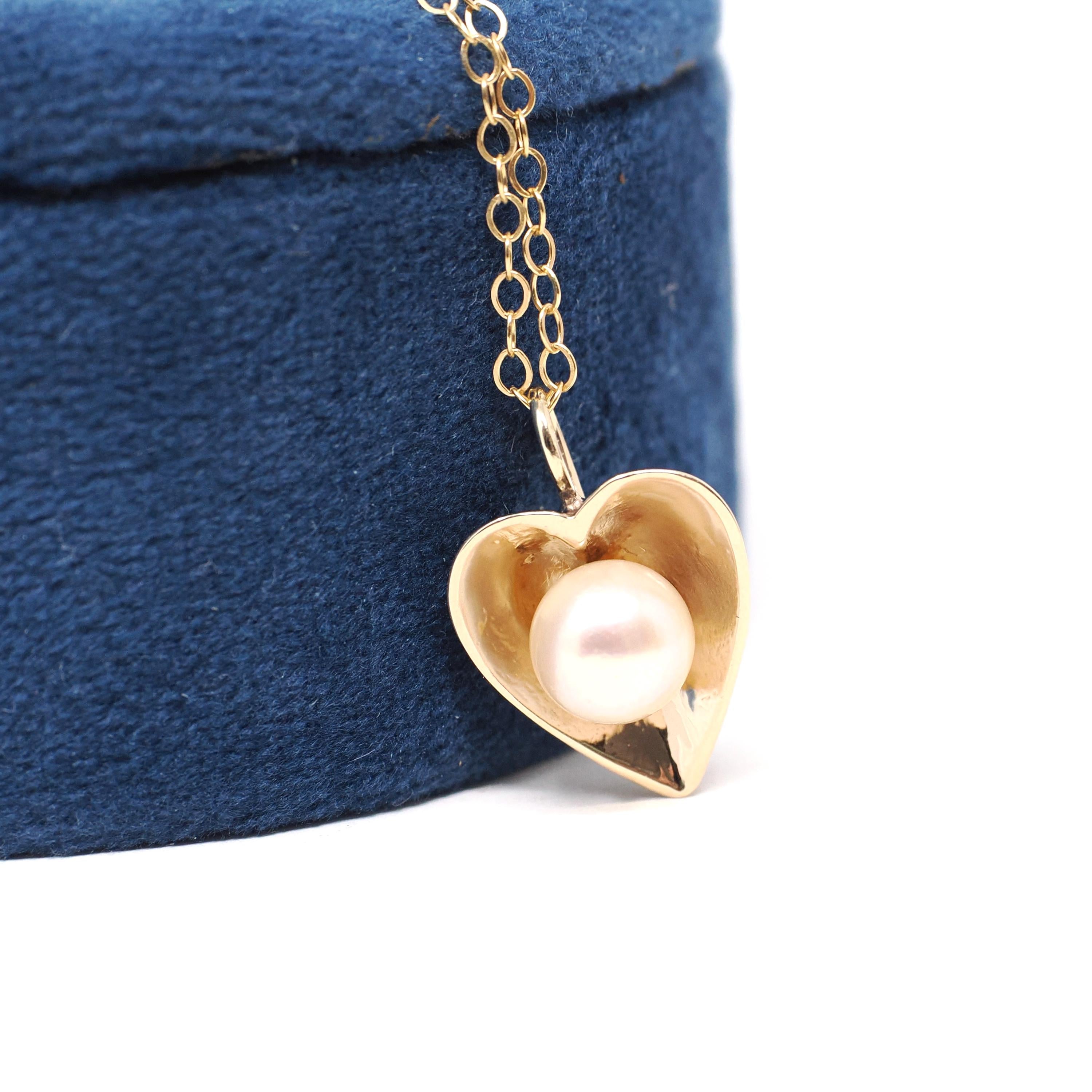 Vintage Heart Charm - Mid Century 14k Yellow Gold Cultured Pearl Pendant Necklace - Circa 1940s Era Dainty Fine Love June Birthstone Jewelry