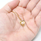 Vintage Heart Charm - Mid Century 14k Yellow Gold Cultured Pearl Pendant Necklace - Circa 1940s Era Dainty Fine Love June Birthstone Jewelry