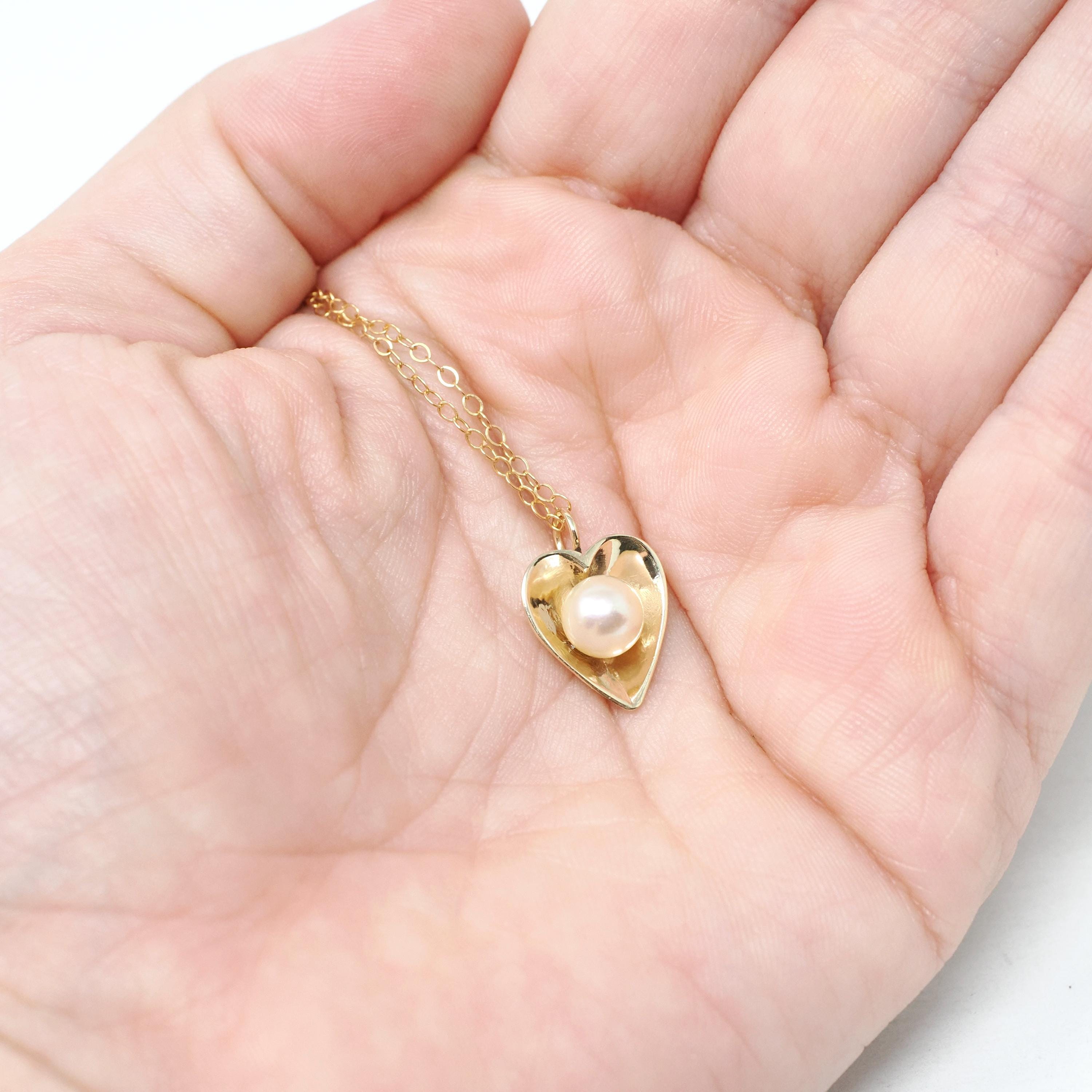 Vintage Heart Charm - Mid Century 14k Yellow Gold Cultured Pearl Pendant Necklace - Circa 1940s Era Dainty Fine Love June Birthstone Jewelry