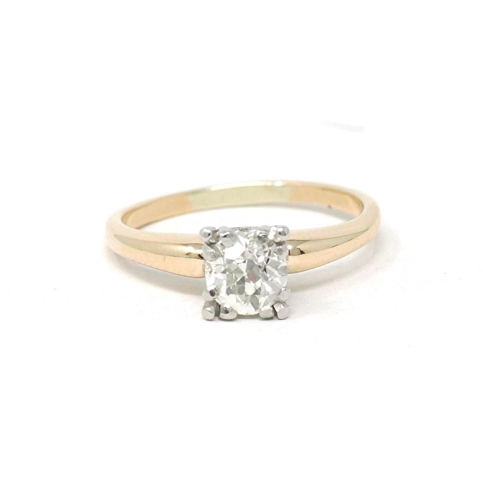 Vintage Diamond Ring - Mid Century 14k Yellow Gold Platinum Natural Gem Solitaire Engagement - Circa 1950s Era Size 4 Fine Bridal Jewelry