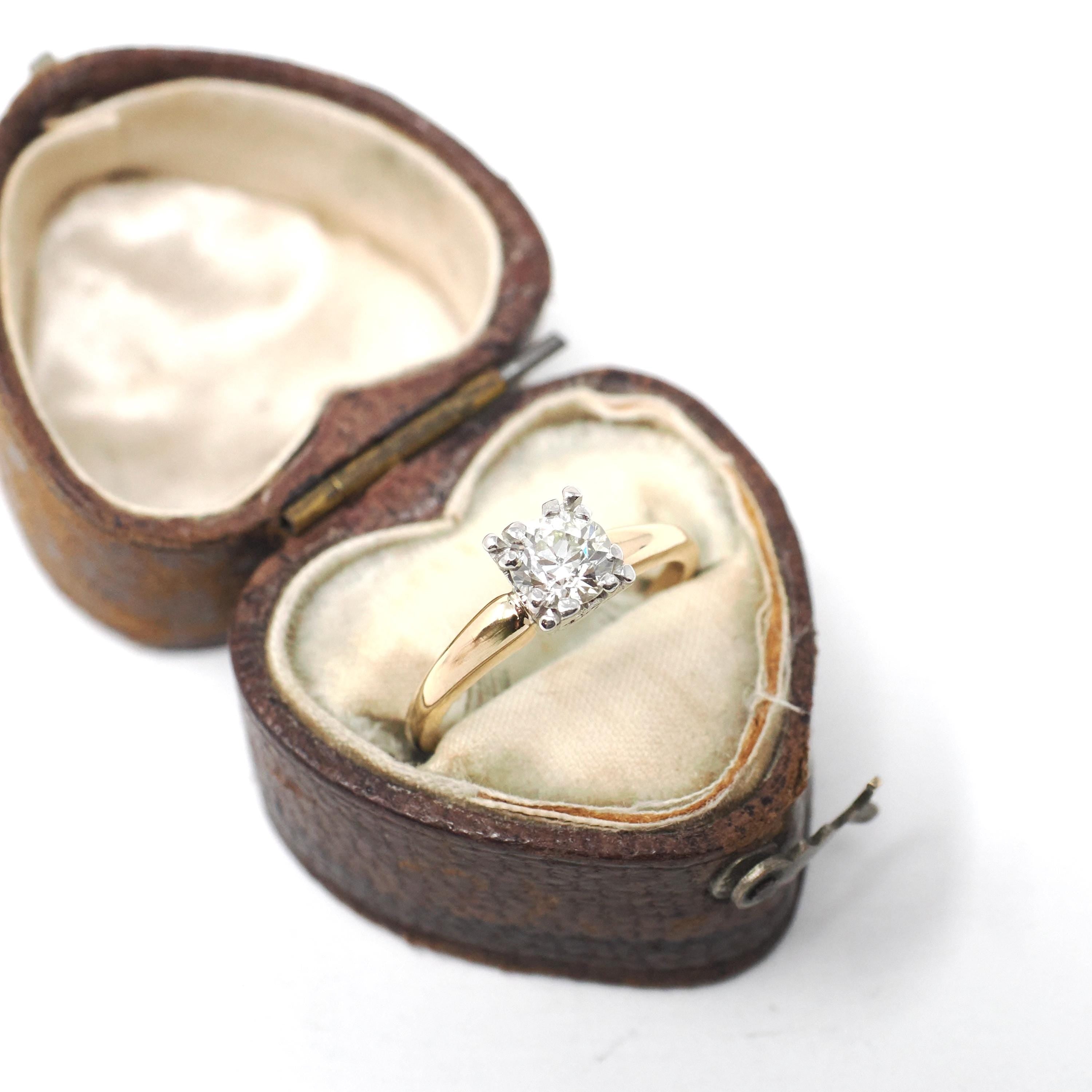 Vintage Diamond Ring - Mid Century 14k Yellow Gold Platinum Natural Gem Solitaire Engagement - Circa 1950s Era Size 4 Fine Bridal Jewelry