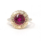 Vintage Created Ruby Ring - Retro 14k Yellow White Gold Round Target Statement - Circa 1940s Era Size 5 1/4 July Birthstone Fine Jewelry