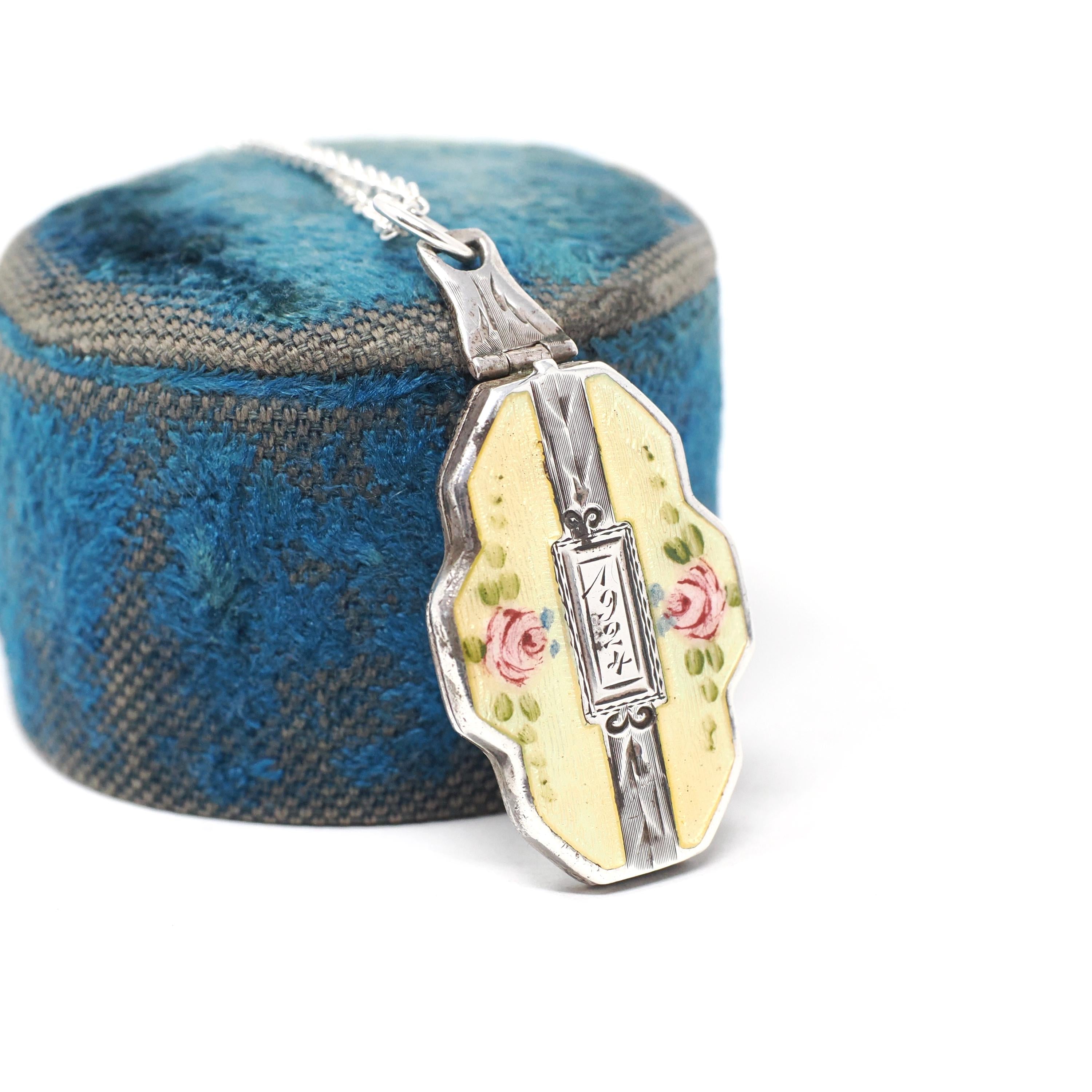 Antique Flower Locket - Art Deco Sterling Silver Yellow Guilloche Enamel Necklace Pendant - Dated 1924 Engraved "Mina" Keepsake Jewelry