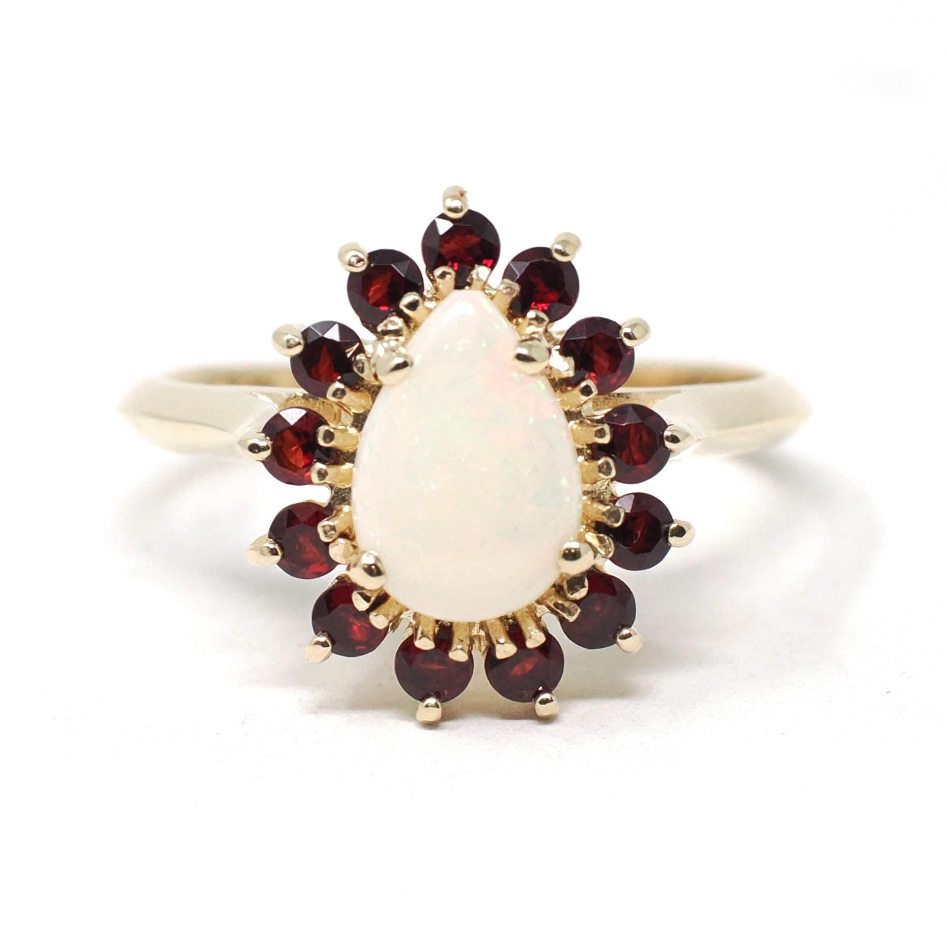 Opal & Garnet Ring - Modern 10k Yellow Gold Pear Halo Natural Gemstones Cluster - Estate Circa 1990s Era Size 7 Fine Statement 90s Jewelry
