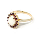 Opal & Garnet Ring - Modern 10k Yellow Gold Pear Halo Natural Gemstones Cluster - Estate Circa 1990s Era Size 7 Fine Statement 90s Jewelry