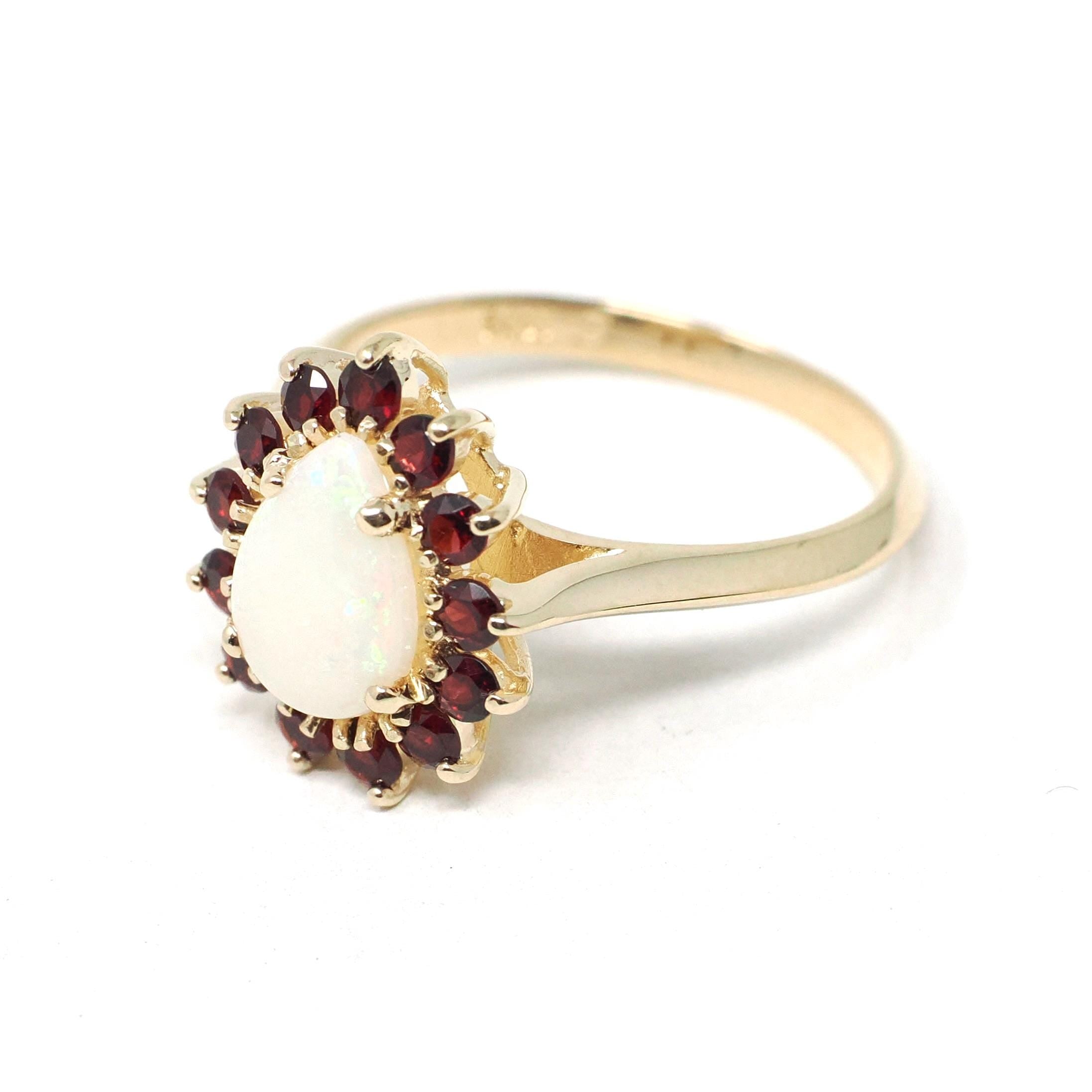 Opal & Garnet Ring - Modern 10k Yellow Gold Pear Halo Natural Gemstones Cluster - Estate Circa 1990s Era Size 7 Fine Statement 90s Jewelry