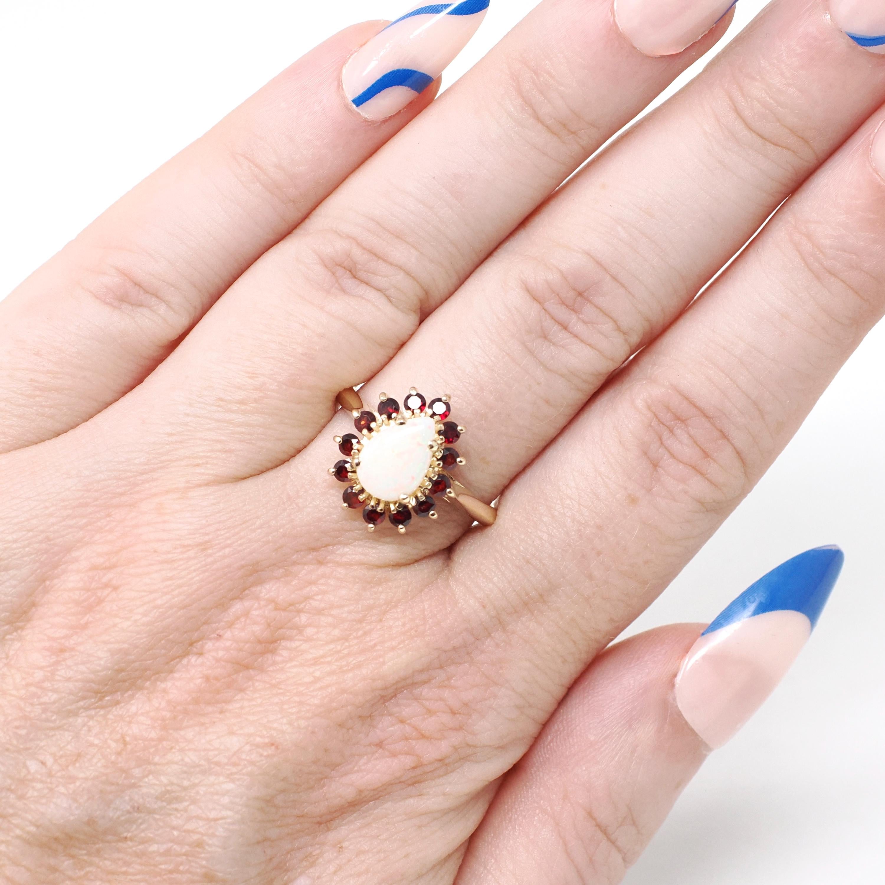 Opal & Garnet Ring - Modern 10k Yellow Gold Pear Halo Natural Gemstones Cluster - Estate Circa 1990s Era Size 7 Fine Statement 90s Jewelry