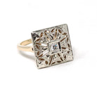 Vintage Shield Ring - Mid Century 14K Yellow & White Gold Natural .12 CT Diamond - Circa 1950s Era Size 6 3/4 Illusion Style Fine Jewelry