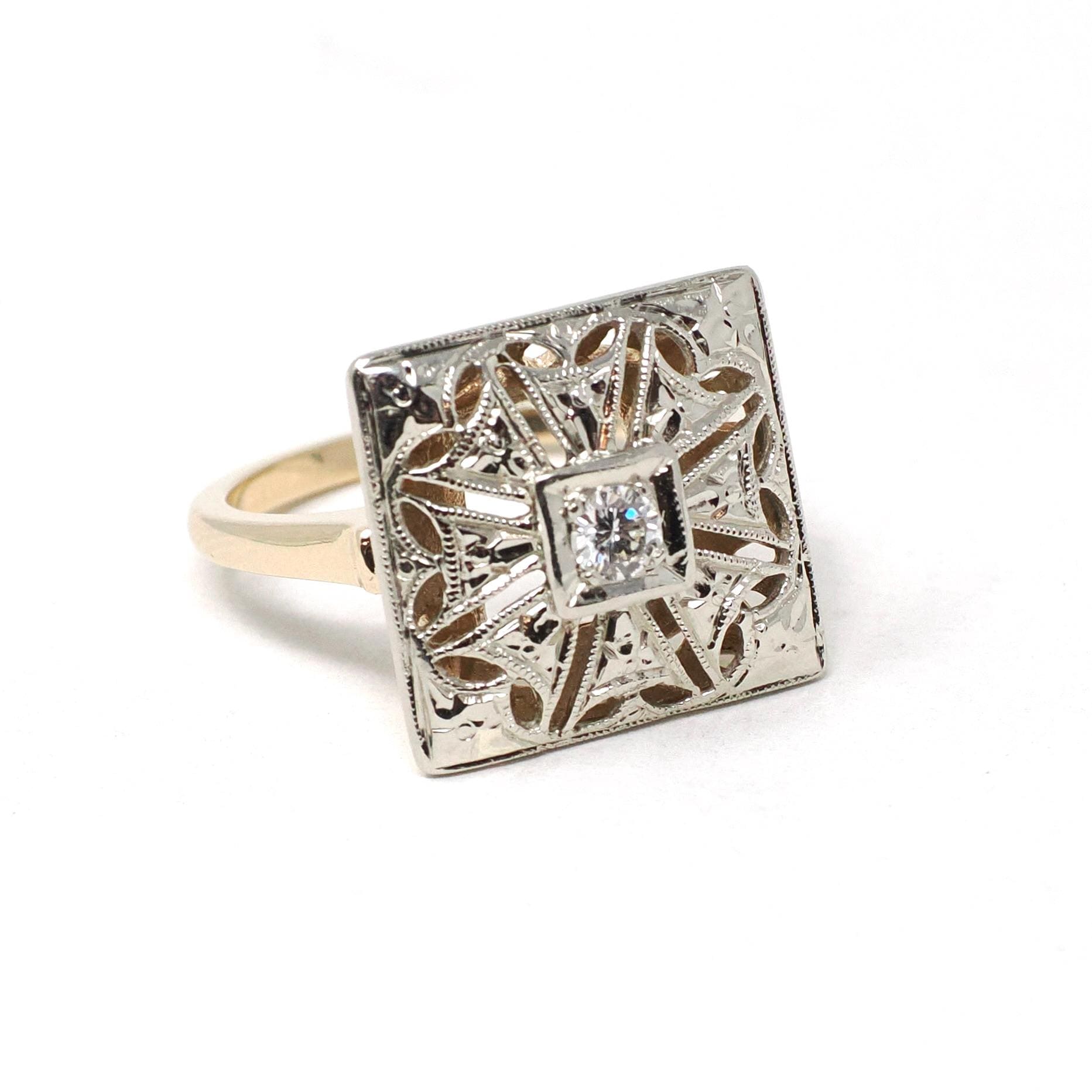 Vintage Shield Ring - Mid Century 14K Yellow & White Gold Natural .12 CT Diamond - Circa 1950s Era Size 6 3/4 Illusion Style Fine Jewelry