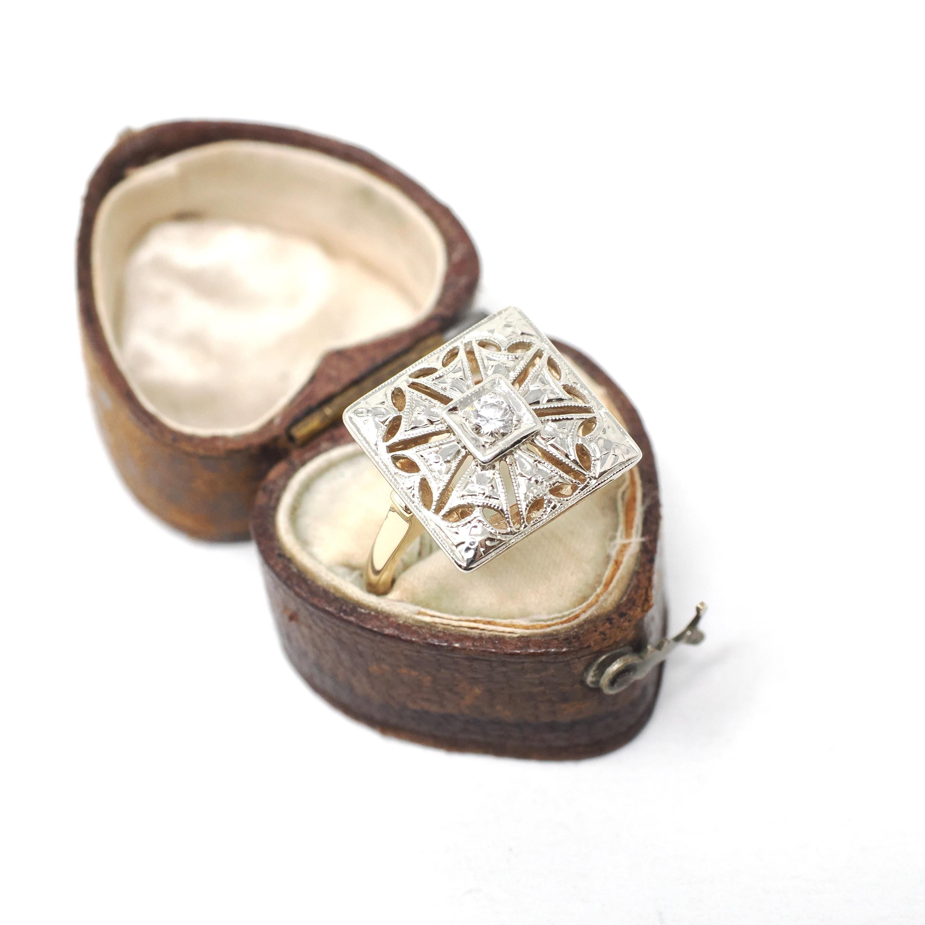 Vintage Shield Ring - Mid Century 14K Yellow & White Gold Natural .12 CT Diamond - Circa 1950s Era Size 6 3/4 Illusion Style Fine Jewelry