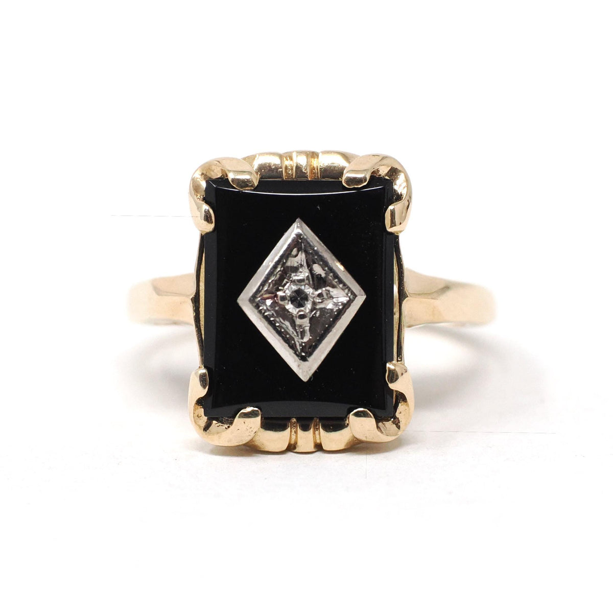 Vintage Onyx Ring - Mid Century 10k Yellow Gold Rectangular Black Cut Gem - Circa 1940s Era Size 3 1/4 Natural Diamond Chalcedony Jewelry
