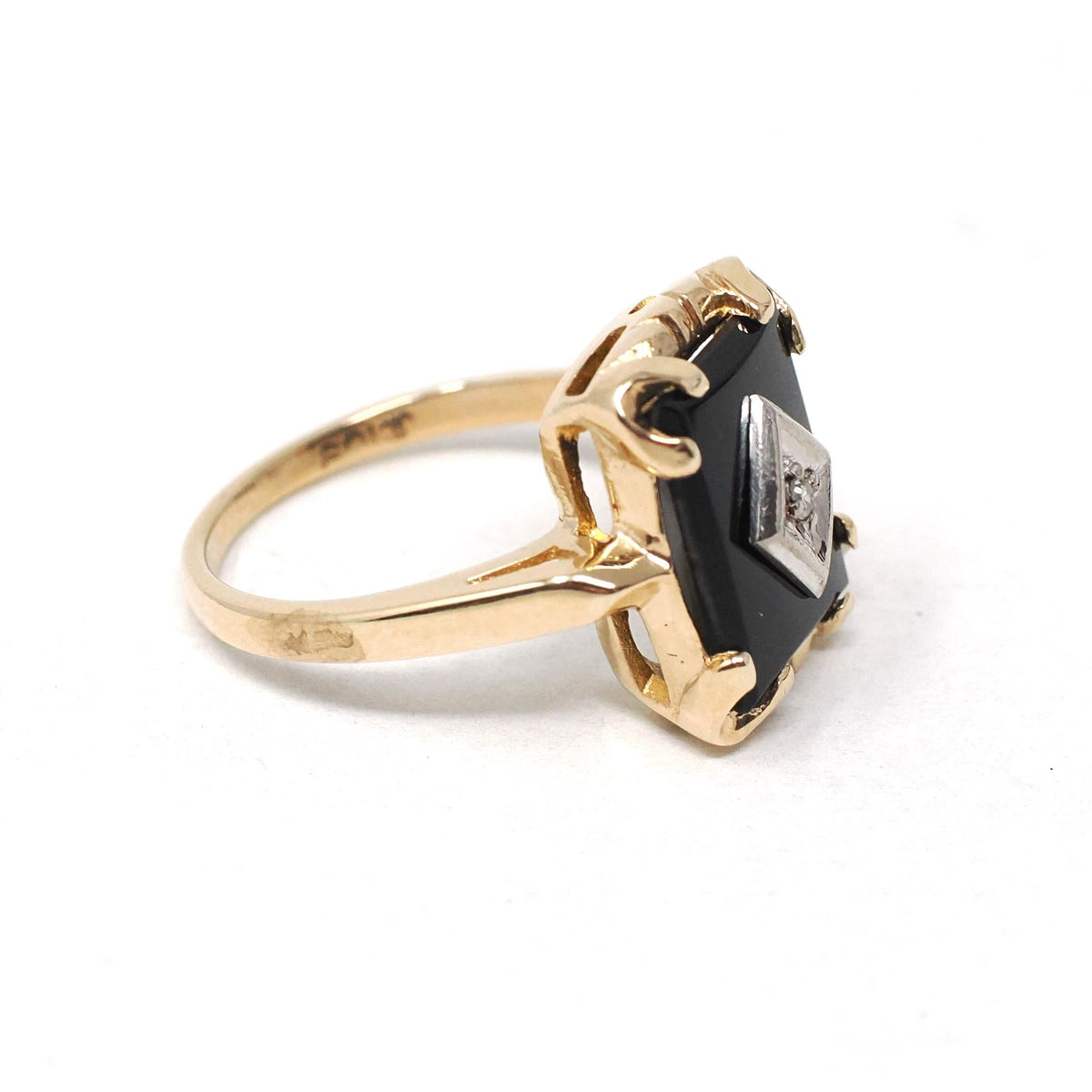 Vintage Onyx Ring - Mid Century 10k Yellow Gold Rectangular Black Cut Gem - Circa 1940s Era Size 3 1/4 Natural Diamond Chalcedony Jewelry
