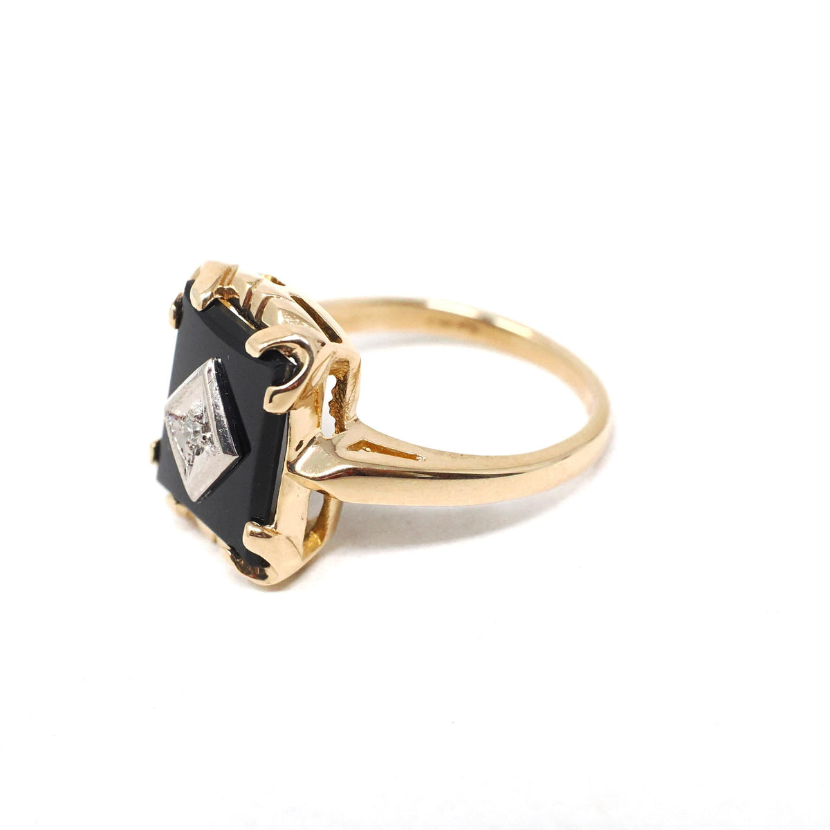 Vintage Onyx Ring - Mid Century 10k Yellow Gold Rectangular Black Cut Gem - Circa 1940s Era Size 3 1/4 Natural Diamond Chalcedony Jewelry