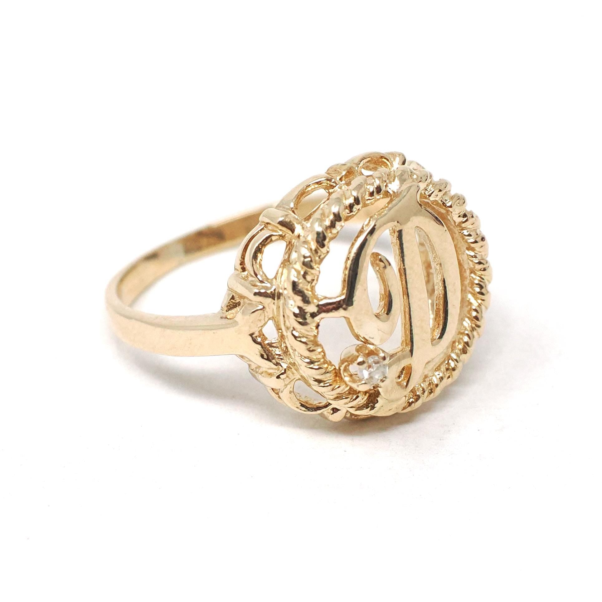 Letter "D" Ring - Estate 14k Yellow Gold Natural Diamond Twisted Rope Design - Vintage Circa 1990s Era Size 4 1/4 Statement 90s Fine Jewelry