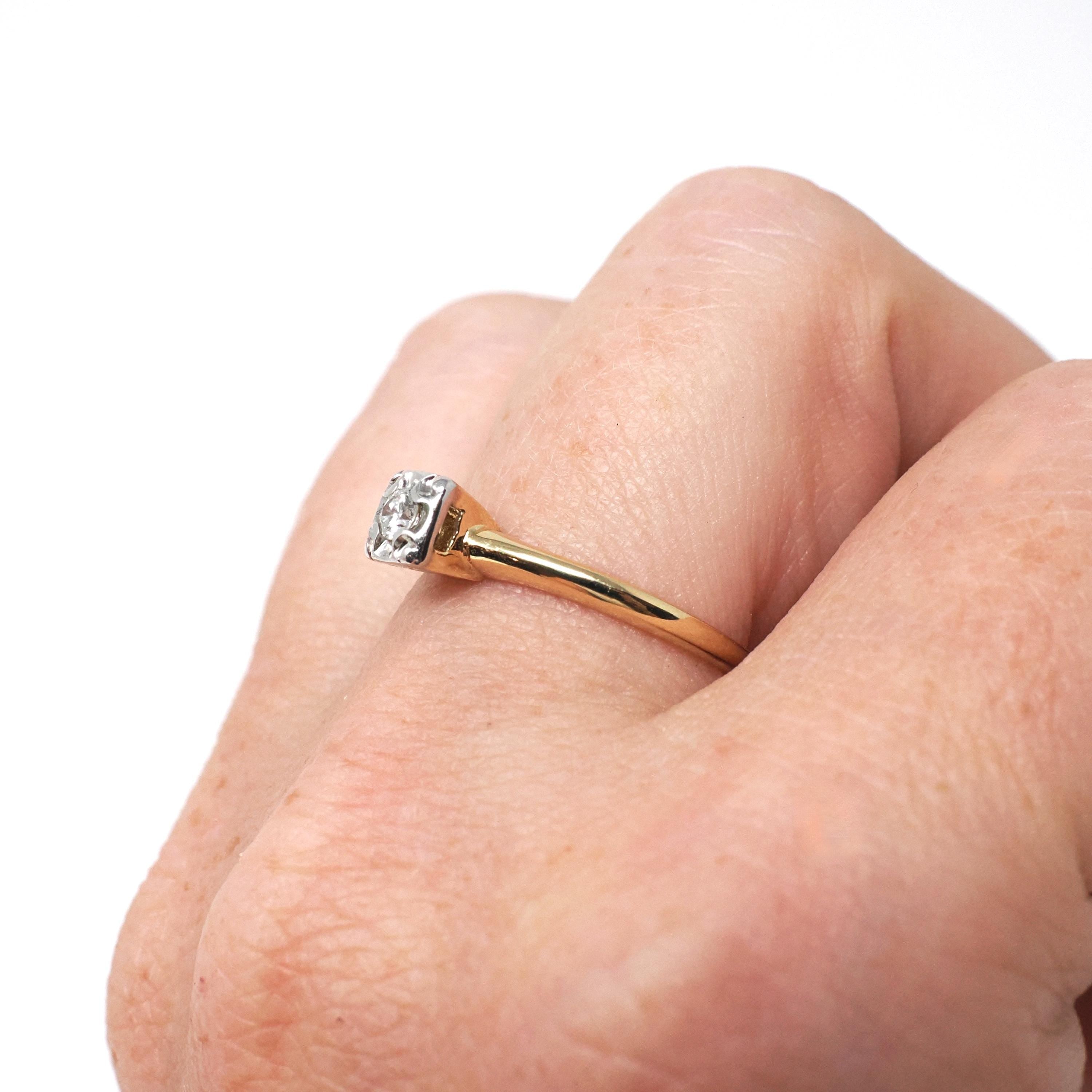 Vintage Engagement Ring - Mid Century 14k Yellow & White Gold .07 CT Natural Diamond Solitaire - Circa 1950s Size 6 1/4 Fine Bridal Jewelry