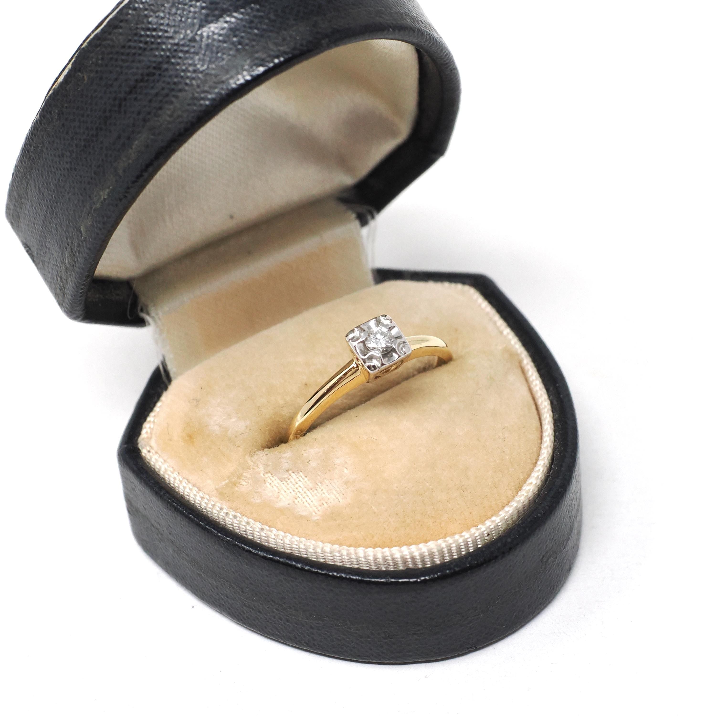Vintage Engagement Ring - Mid Century 14k Yellow & White Gold .07 CT Natural Diamond Solitaire - Circa 1950s Size 6 1/4 Fine Bridal Jewelry