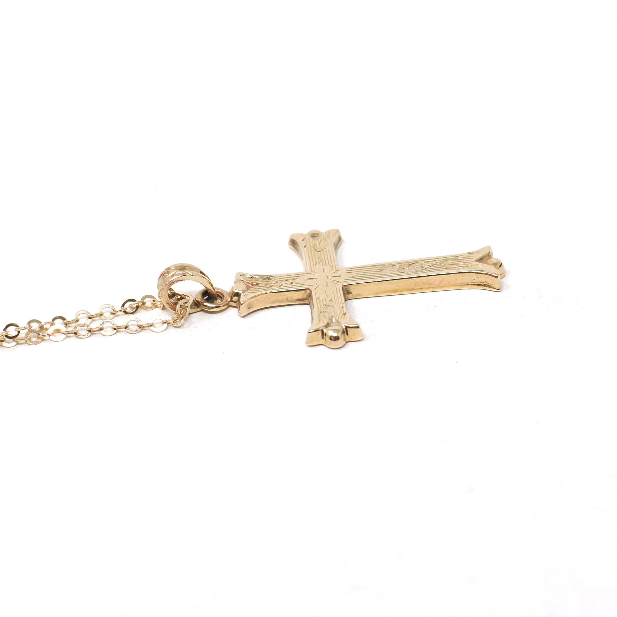 Vintage Cross Pendant - Mid Century 10k Yellow Gold Floral Etching Charm Necklace - Circa 1940s Era Dainty Religious Faith Esemco Jewelry