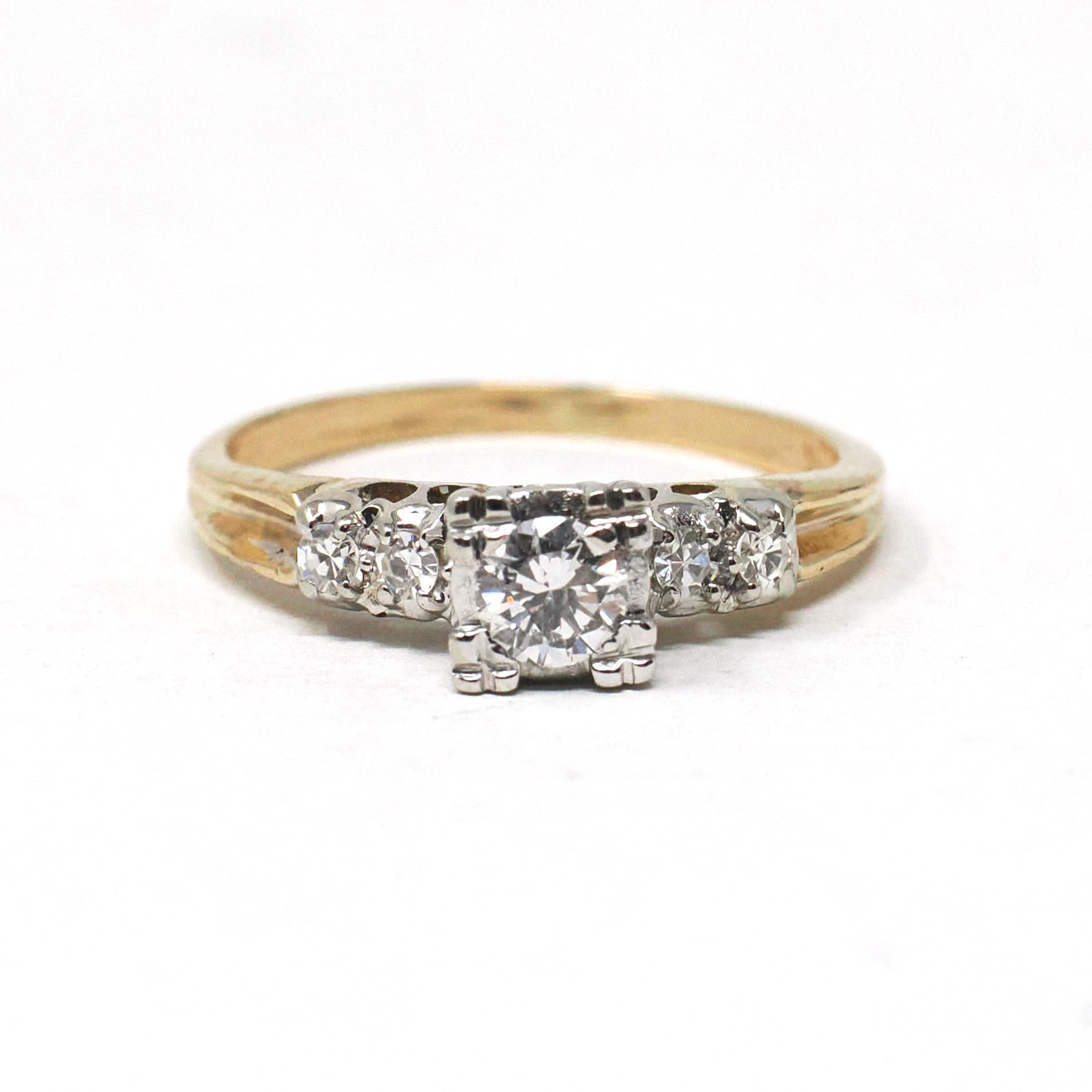 Vintage Engagement Ring - Mid Century 14k Yellow & White Gold Natural Diamond Illusion - Circa 1950s Size 6 1/4 Fine Two Tone Bridal Jewelry