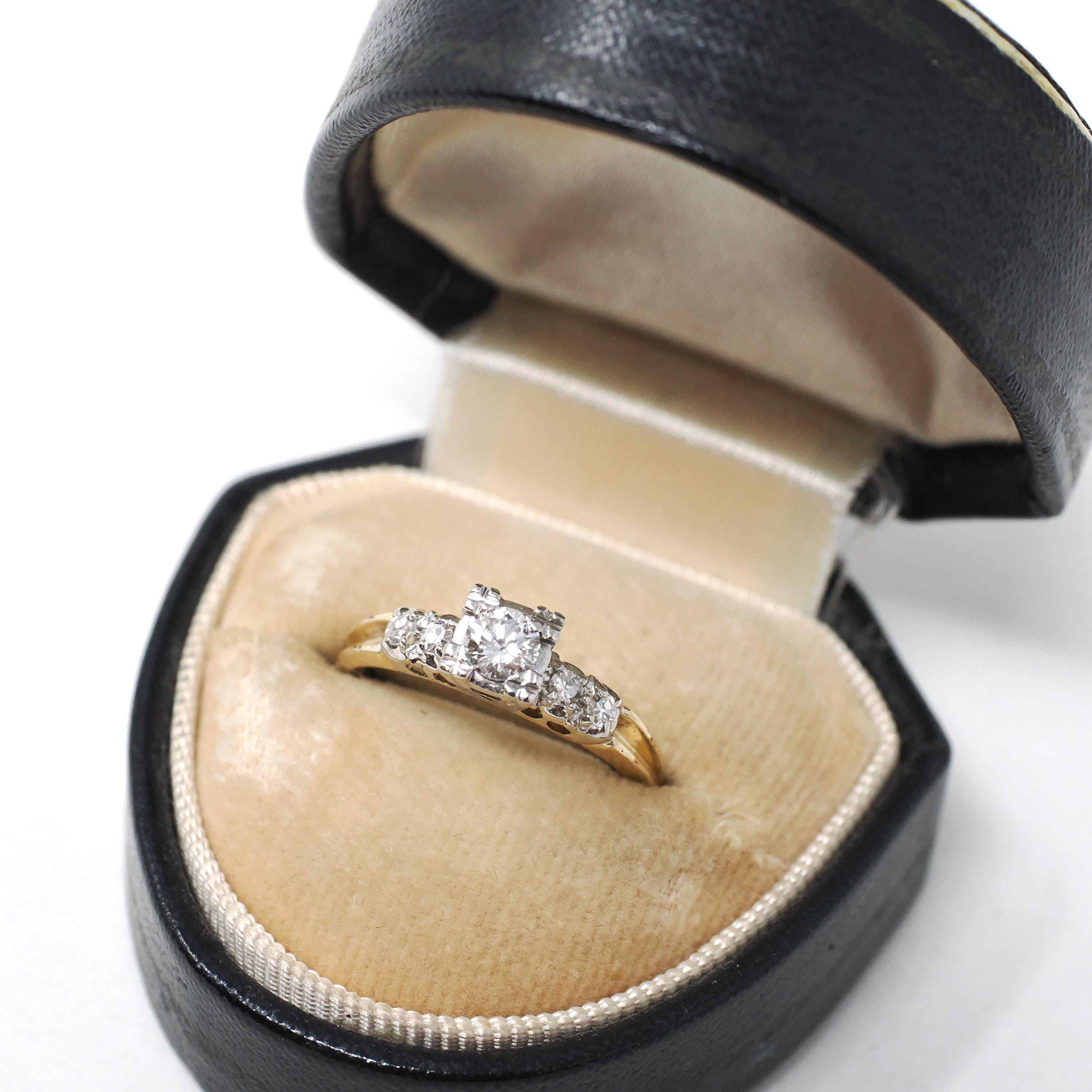 Vintage Engagement Ring - Mid Century 14k Yellow & White Gold Natural Diamond Illusion - Circa 1950s Size 6 1/4 Fine Two Tone Bridal Jewelry