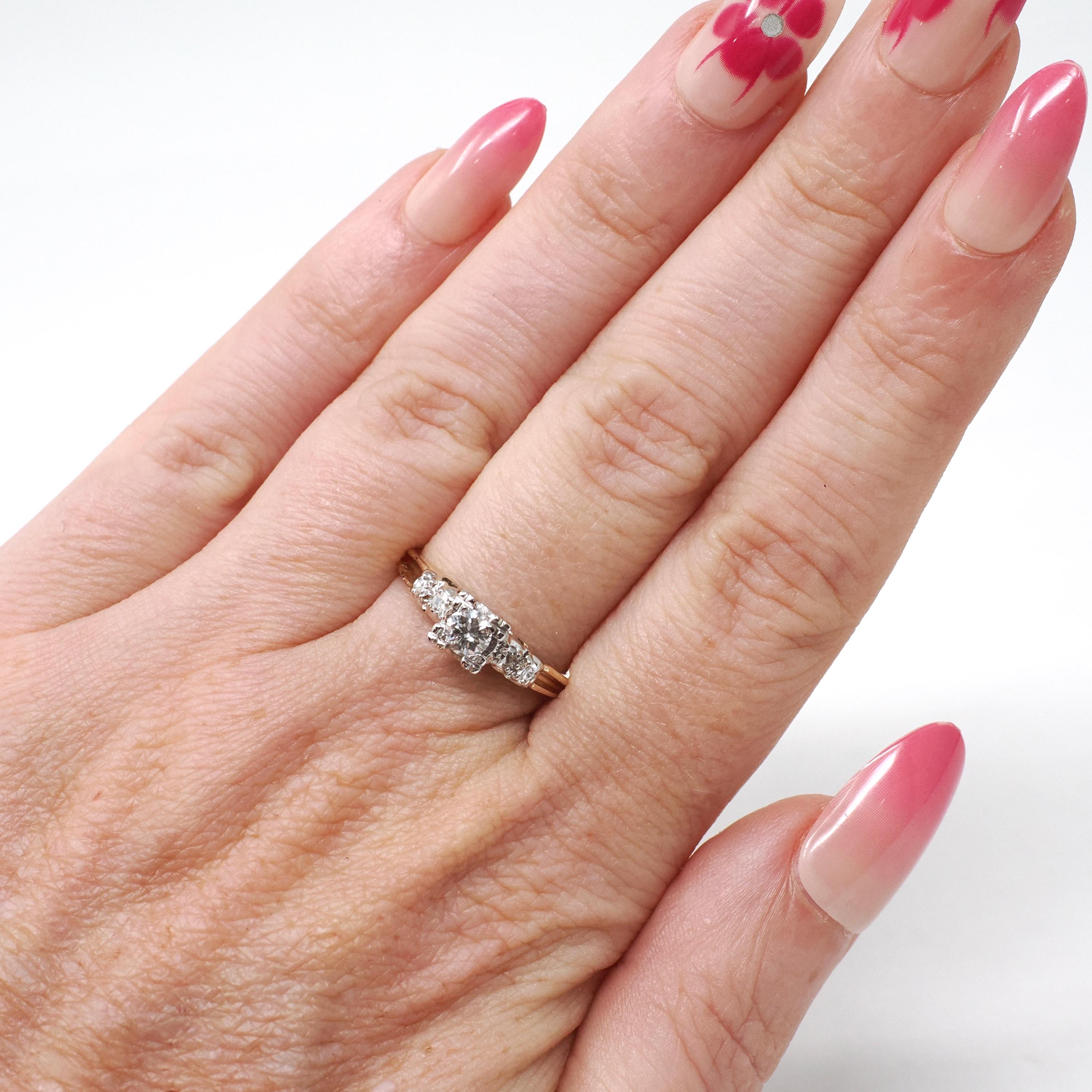 Vintage Engagement Ring - Mid Century 14k Yellow & White Gold Natural Diamond Illusion - Circa 1950s Size 6 1/4 Fine Two Tone Bridal Jewelry