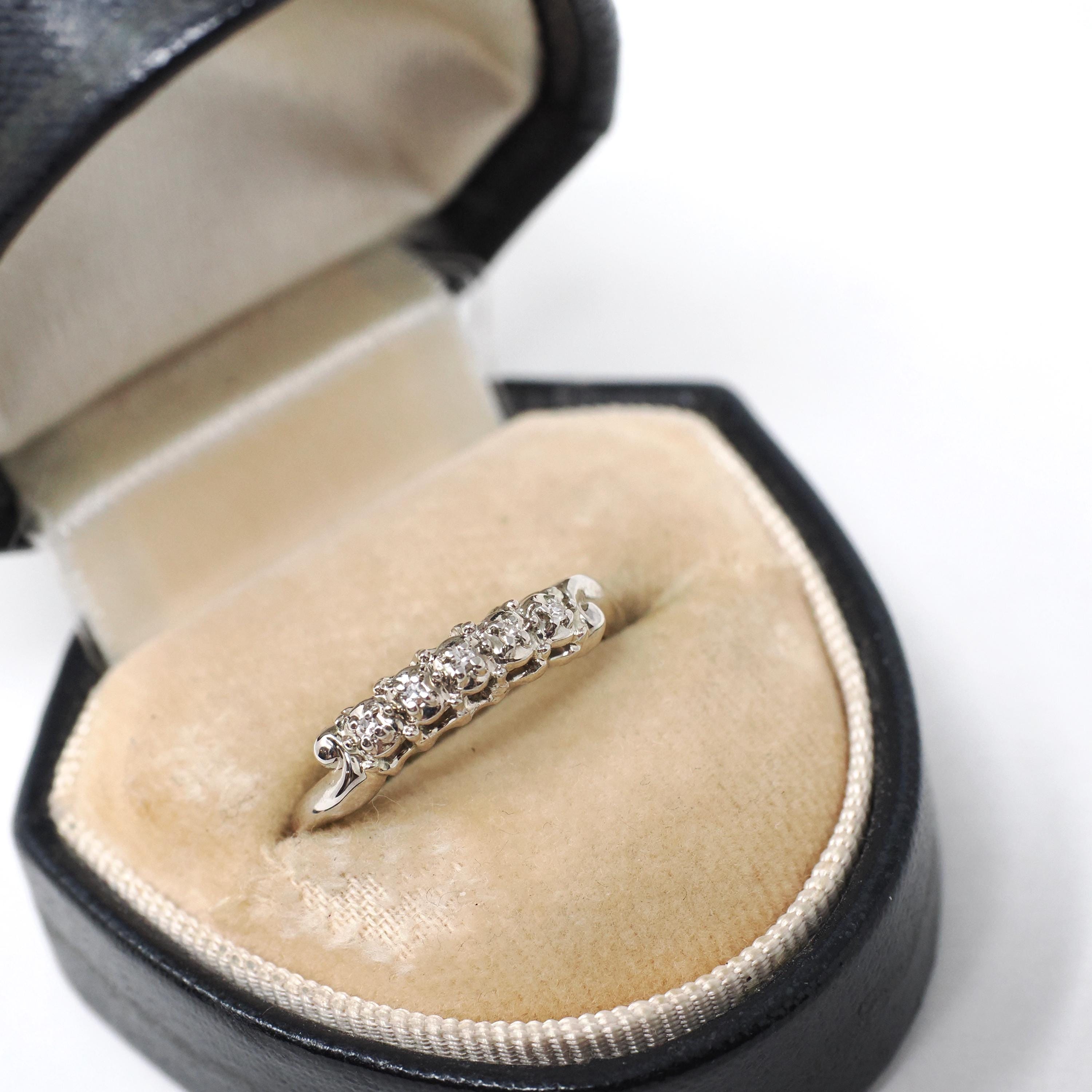 Diamond Wedding Band - Vintage 14k White Gold Natural .03 CTW Ring - Mid Century Circa 1950s Era Size 6 1/2 Stacking Fine Bridal Jewelry