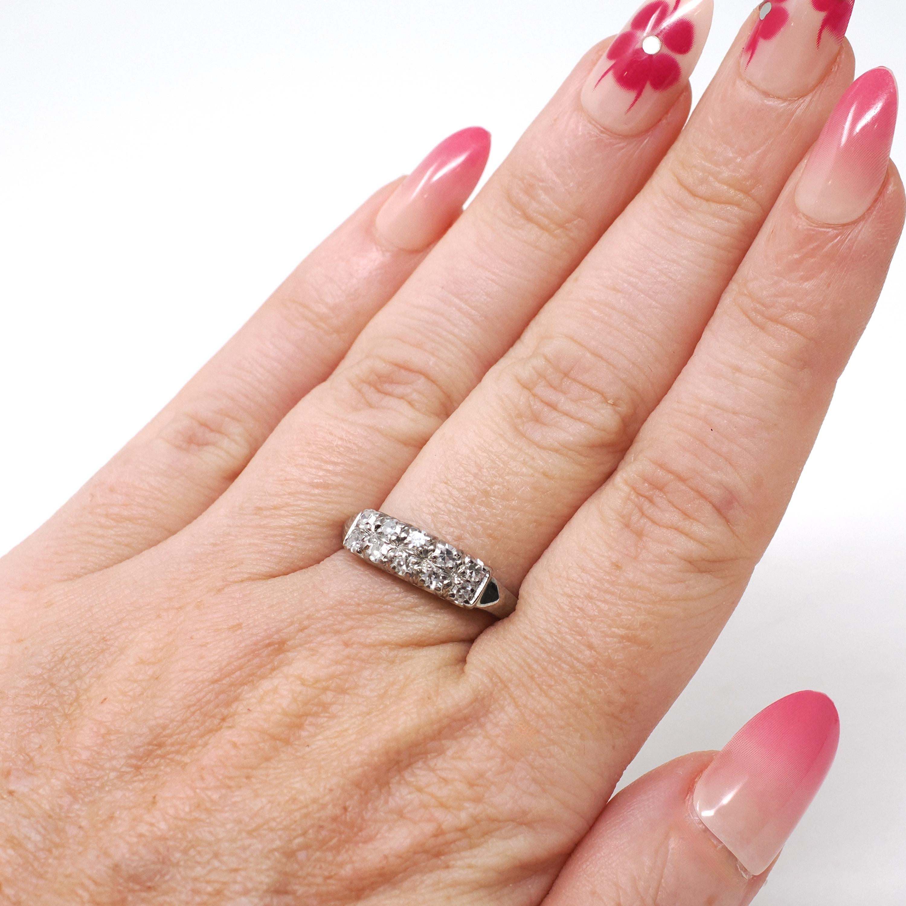 Mid Century Ring - Vintage 14k White Gold .40 CTW Diamond Two Row Wedding Band - Circa 1950s Size 6 1/2 Fine Stacking Bridal Jewelry