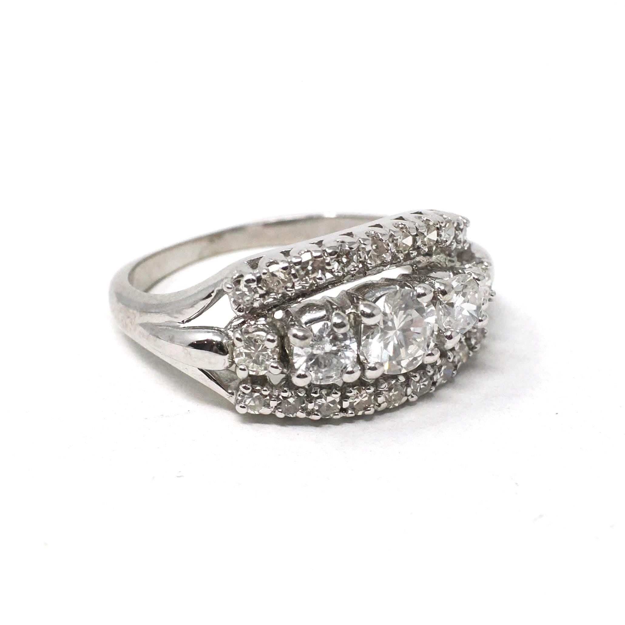 Graduated Diamond Ring - Modern Era 14k White Gold 1.05 CTW Natural Round Brilliant Cut Band - Estate Size 6 1/4 Fine Anniversary Jewelry