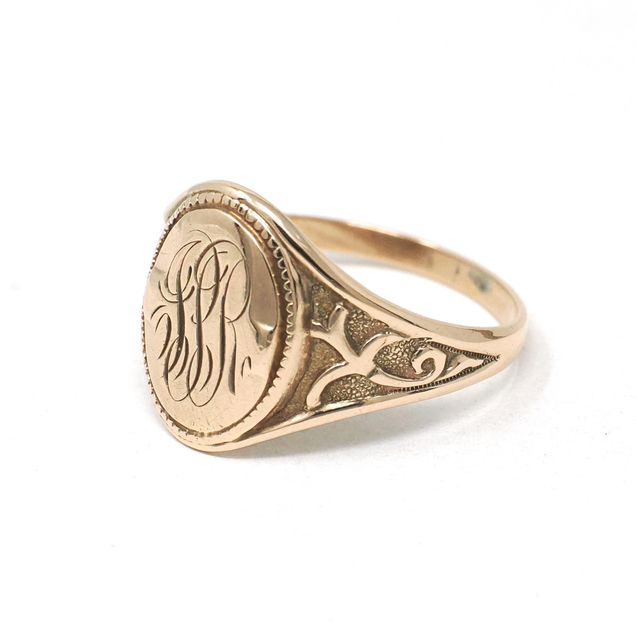 Edwardian Signet Ring - Antique 10k Yellow Gold JPR Engraved Script Monogram Initials - Art Nouveau 1910s Era Size 9 Fine Vines Jewelry