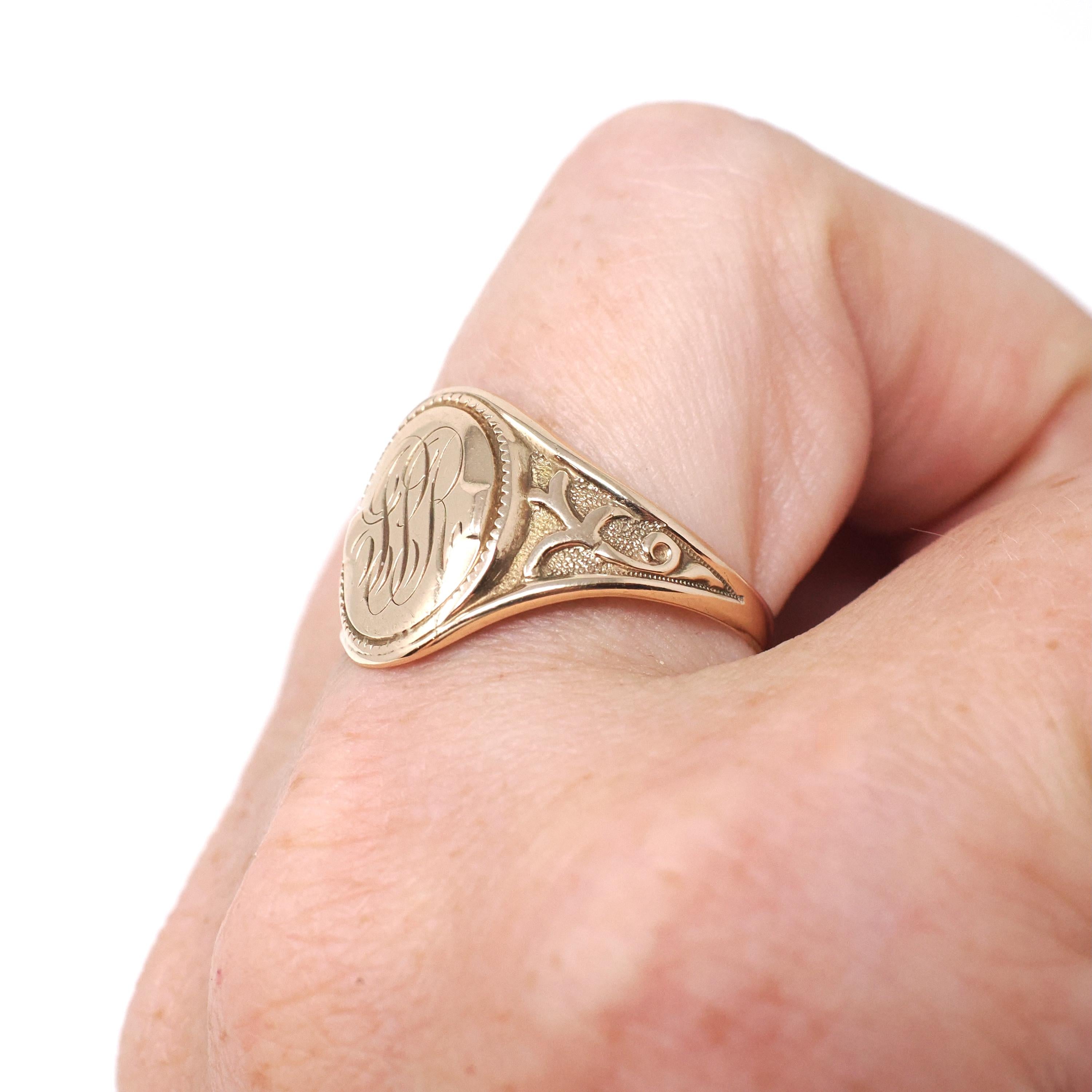 Edwardian Signet Ring - Antique 10k Yellow Gold JPR Engraved Script Monogram Initials - Art Nouveau 1910s Era Size 9 Fine Vines Jewelry