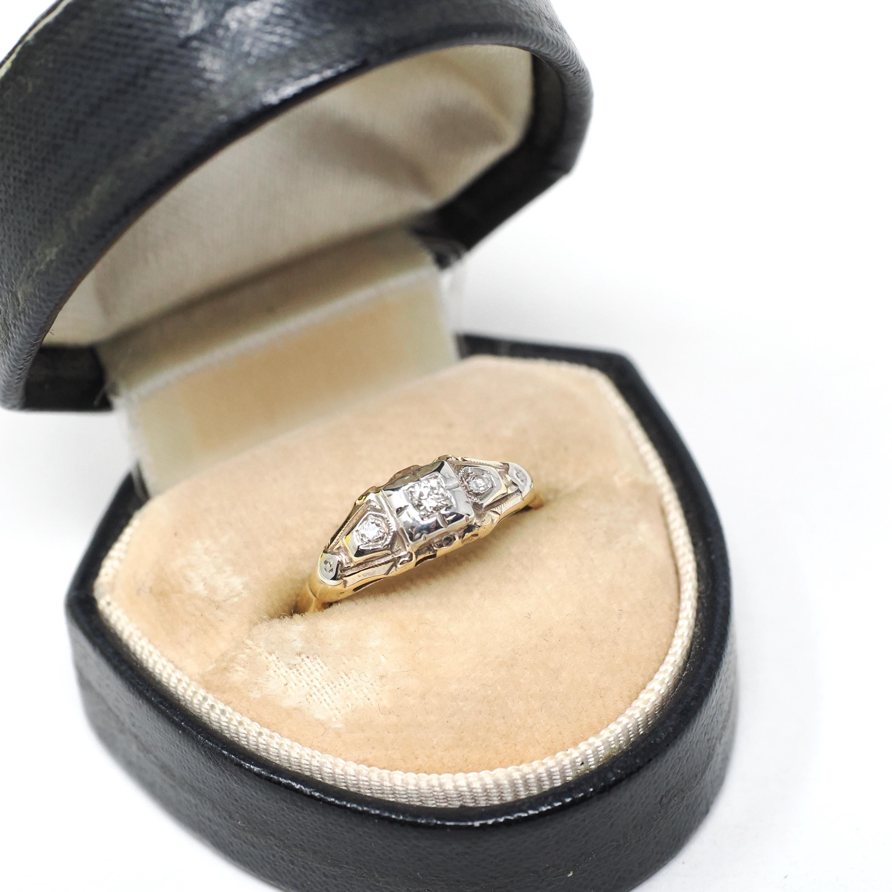 Vintage Engagement Ring - Mid Century 14k Yellow & White Gold .07 CTW Natural Diamonds - Circa 1940s Size 5.75 Two Tone Fine Bridal Jewelry