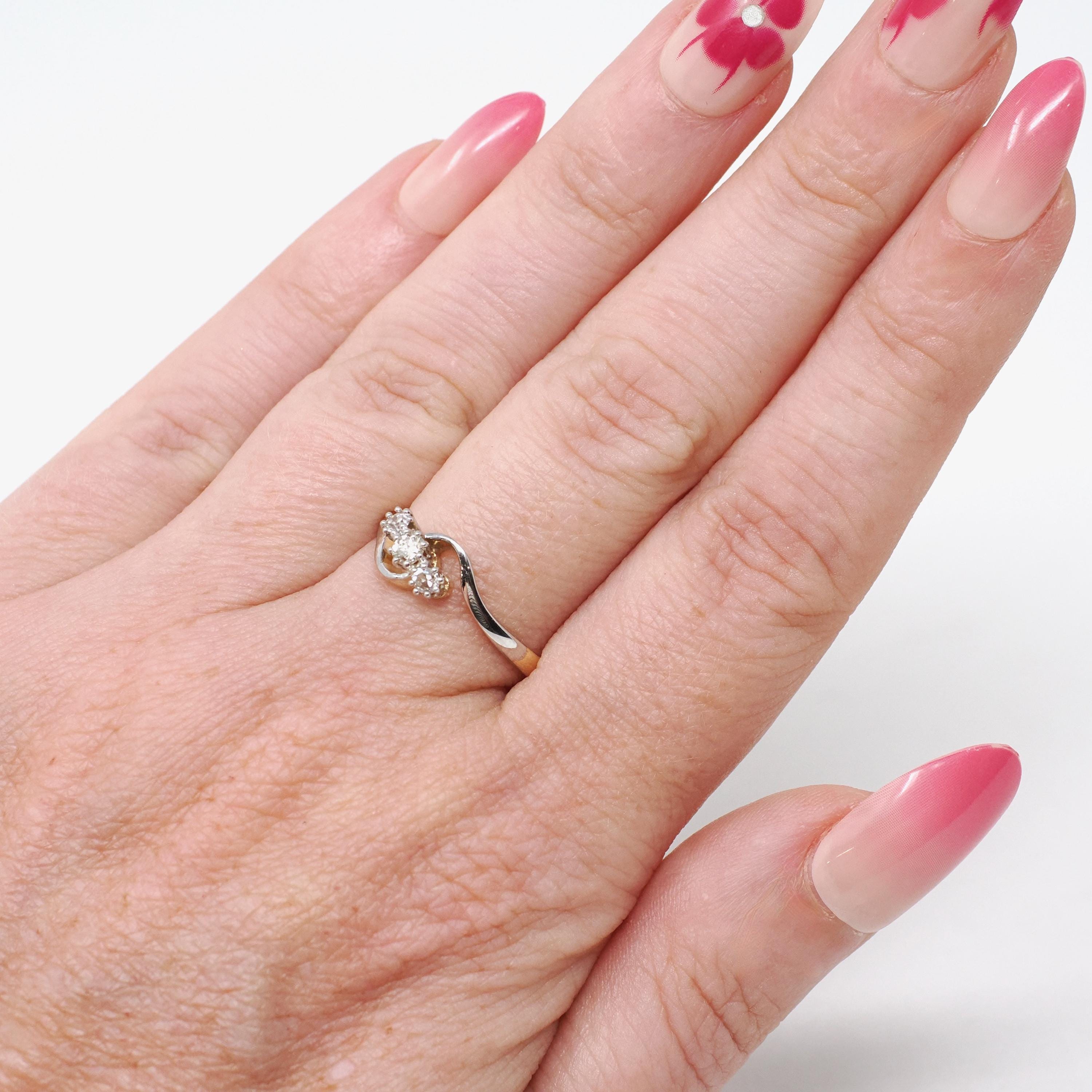Diamond Bypass Ring - Art Deco 18k Yellow & White Gold .16 CTW Old European Cut Band - Circa 1930s Era Size 6 Fine Bridal Engagement Jewelry