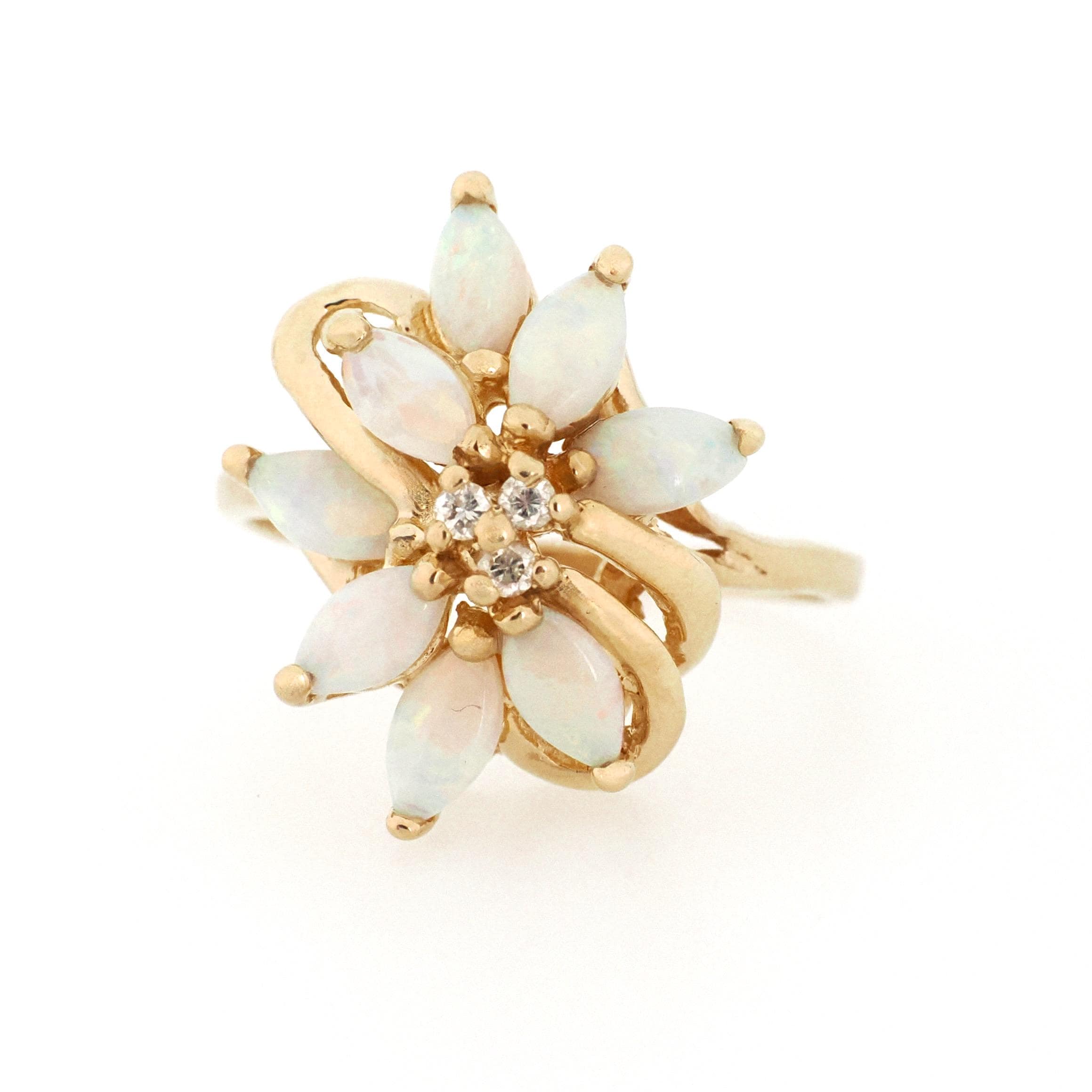 Opal Cluster Ring - Vintage 14k Yellow Gold Natural Gemstones & .03 CTW Diamond Accent - Retro Circa 1970s Size 8 1/2 Fine Floral Jewelry