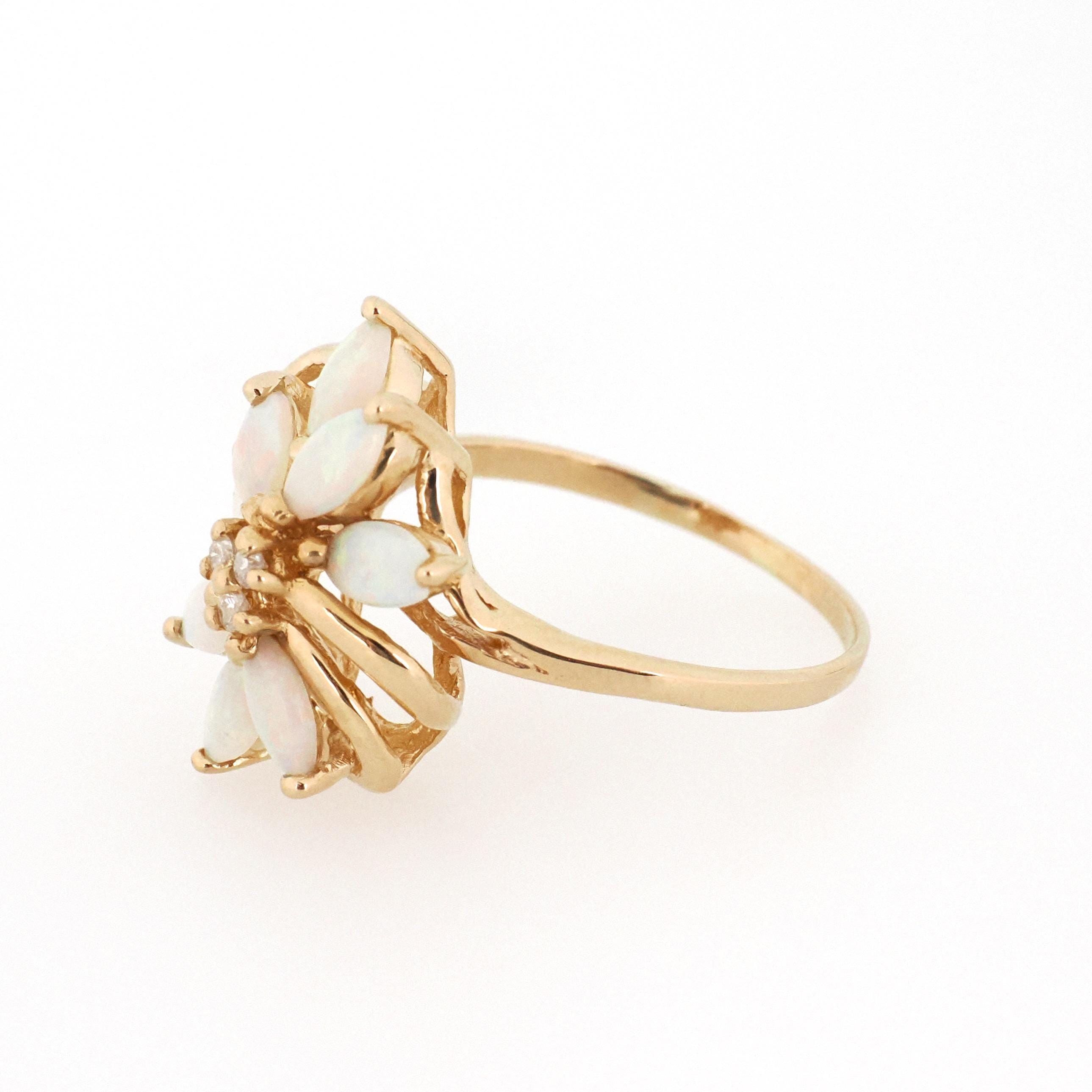 Opal Cluster Ring - Vintage 14k Yellow Gold Natural Gemstones & .03 CTW Diamond Accent - Retro Circa 1970s Size 8 1/2 Fine Floral Jewelry