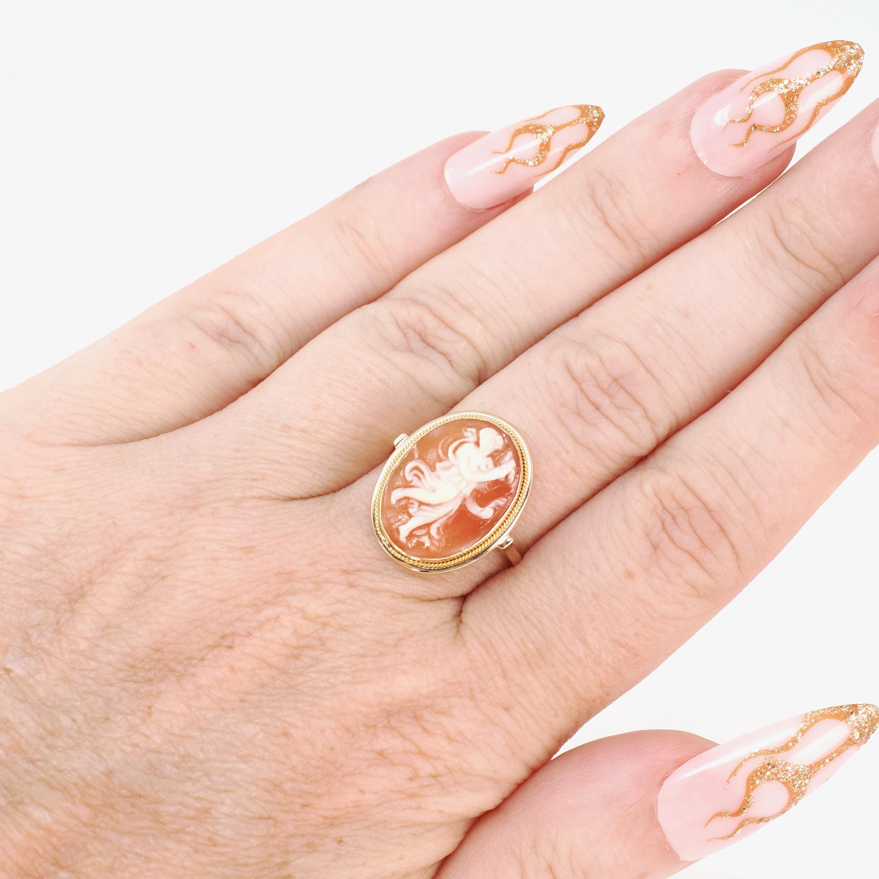 Vintage Cameo Ring - Mid Century 18k Yellow Gold Carved Shell Twisted Rope Solitaire - Circa 1940s Size 6 1/4 Full Body Muse Fine Jewelry