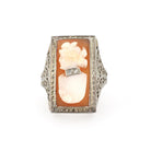 Vintage Cameo Habillé Ring - Art Deco 14k White Gold Carved Shell & Natural Diamonds - Circa 1930s Era Size 9 Portrait Fine Filigree Jewelry