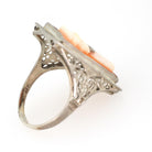 Vintage Cameo Habillé Ring - Art Deco 14k White Gold Carved Shell & Natural Diamonds - Circa 1930s Era Size 9 Portrait Fine Filigree Jewelry