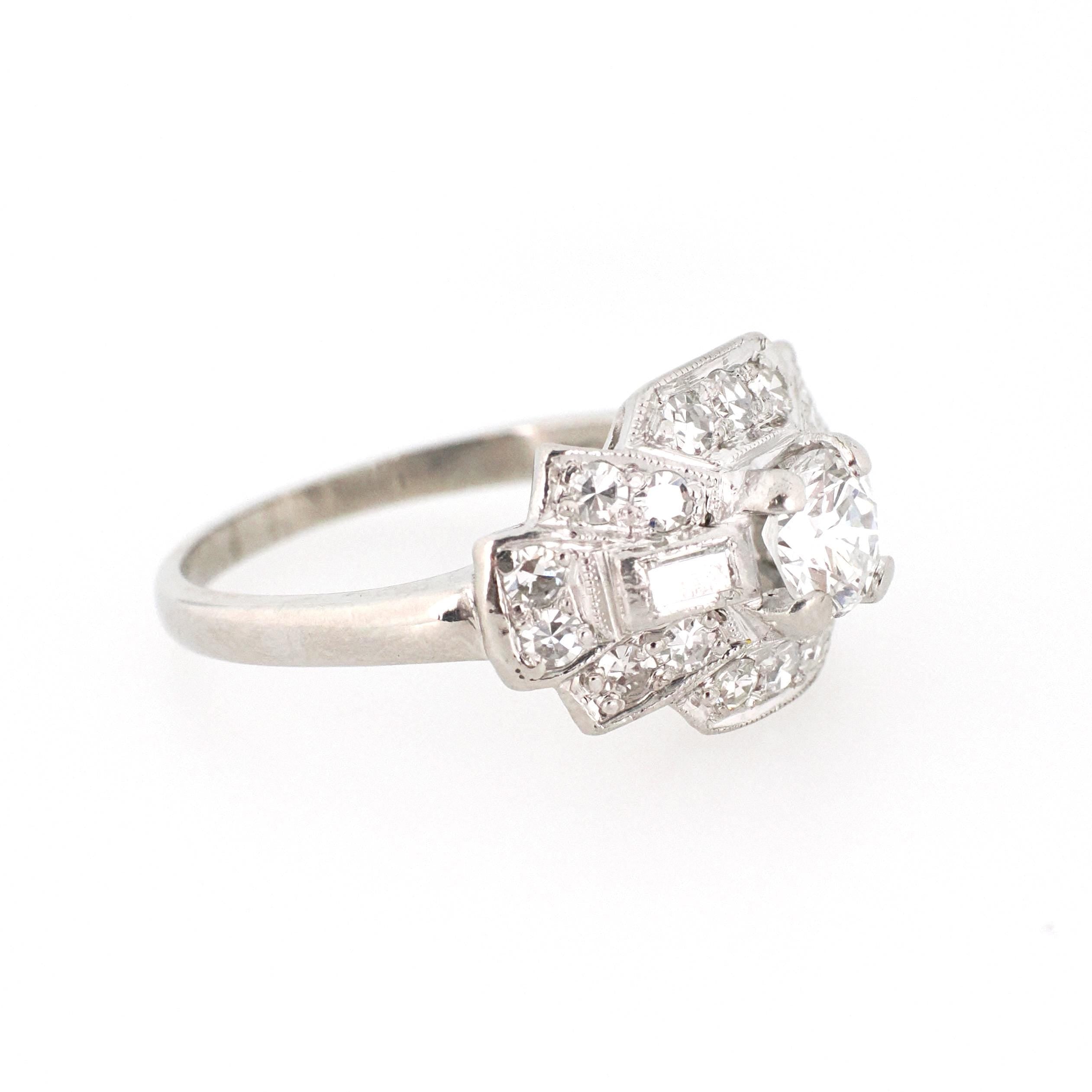 Vintage Engagement Ring - Mid Century Era Platinum 1.21 CTW Natural Diamonds - Circa 1950s Era Size 7 3/4 Fine East West Halo Bridal Jewelry