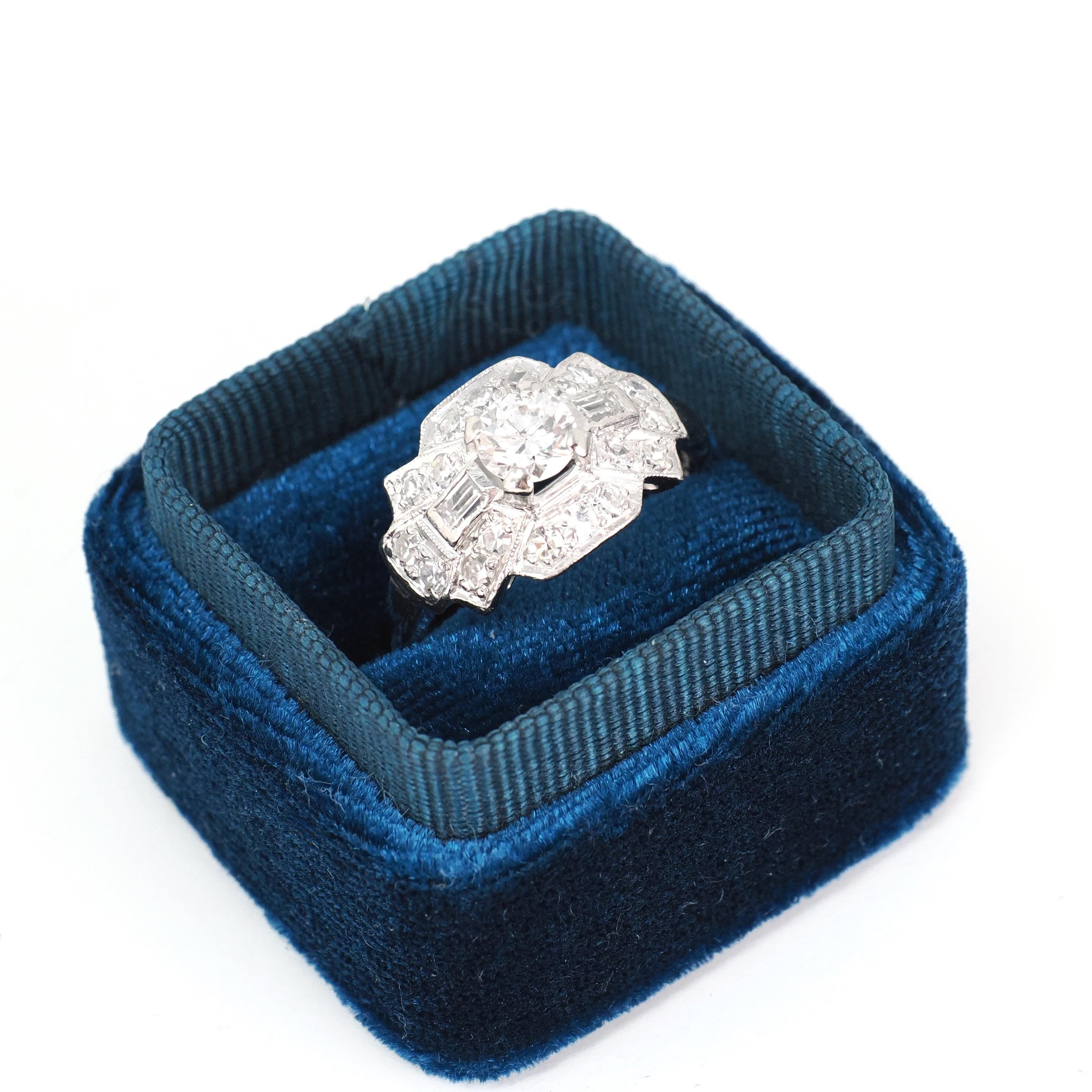 Vintage Engagement Ring - Mid Century Era Platinum 1.21 CTW Natural Diamonds - Circa 1950s Era Size 7 3/4 Fine East West Halo Bridal Jewelry