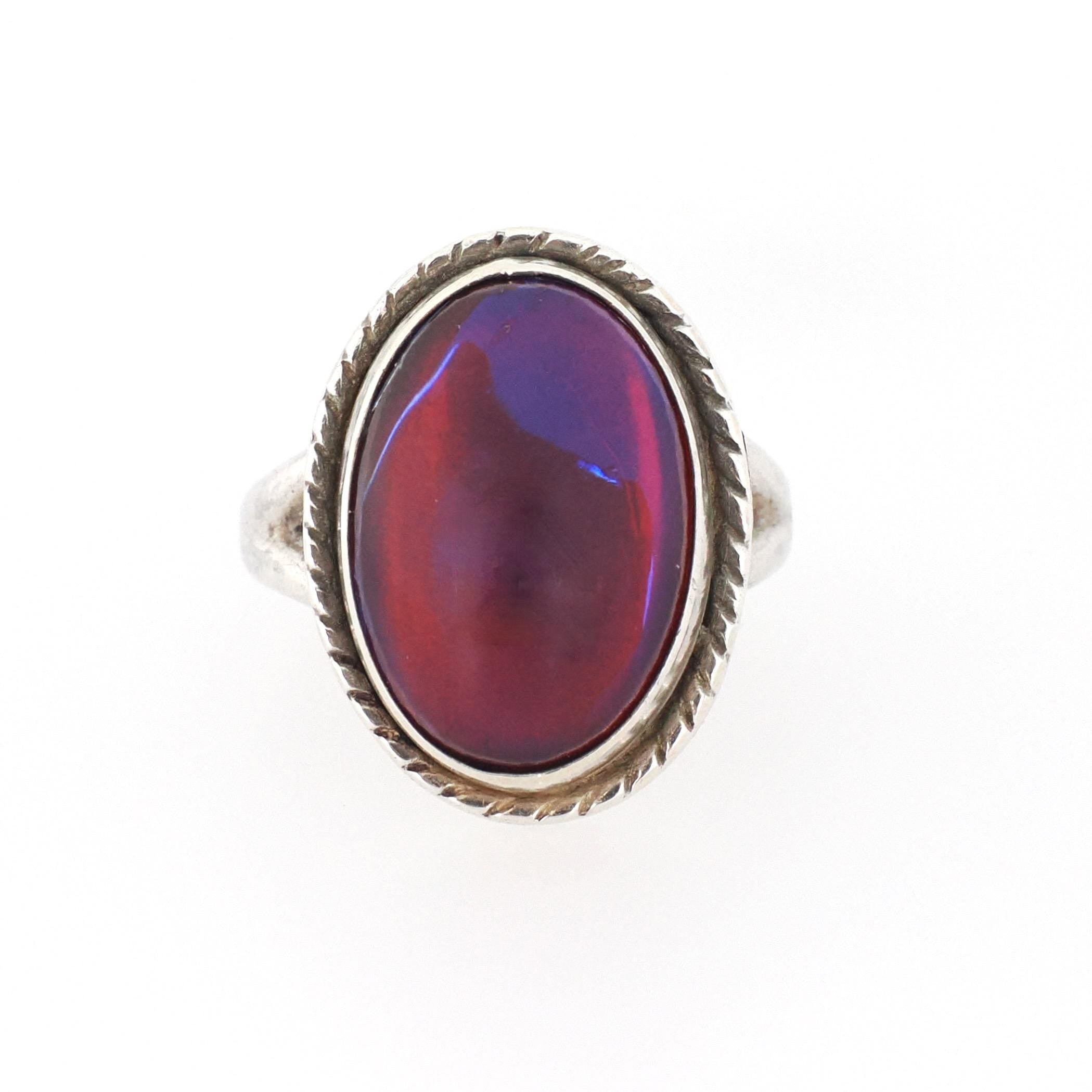 Dragon's Breath Ring - Art Deco Sterling Silver Purple Blue Red Orange Art Glass - Vintage Circa 1930s Era Size 4 1/4 Cabochon Cut Jewelry