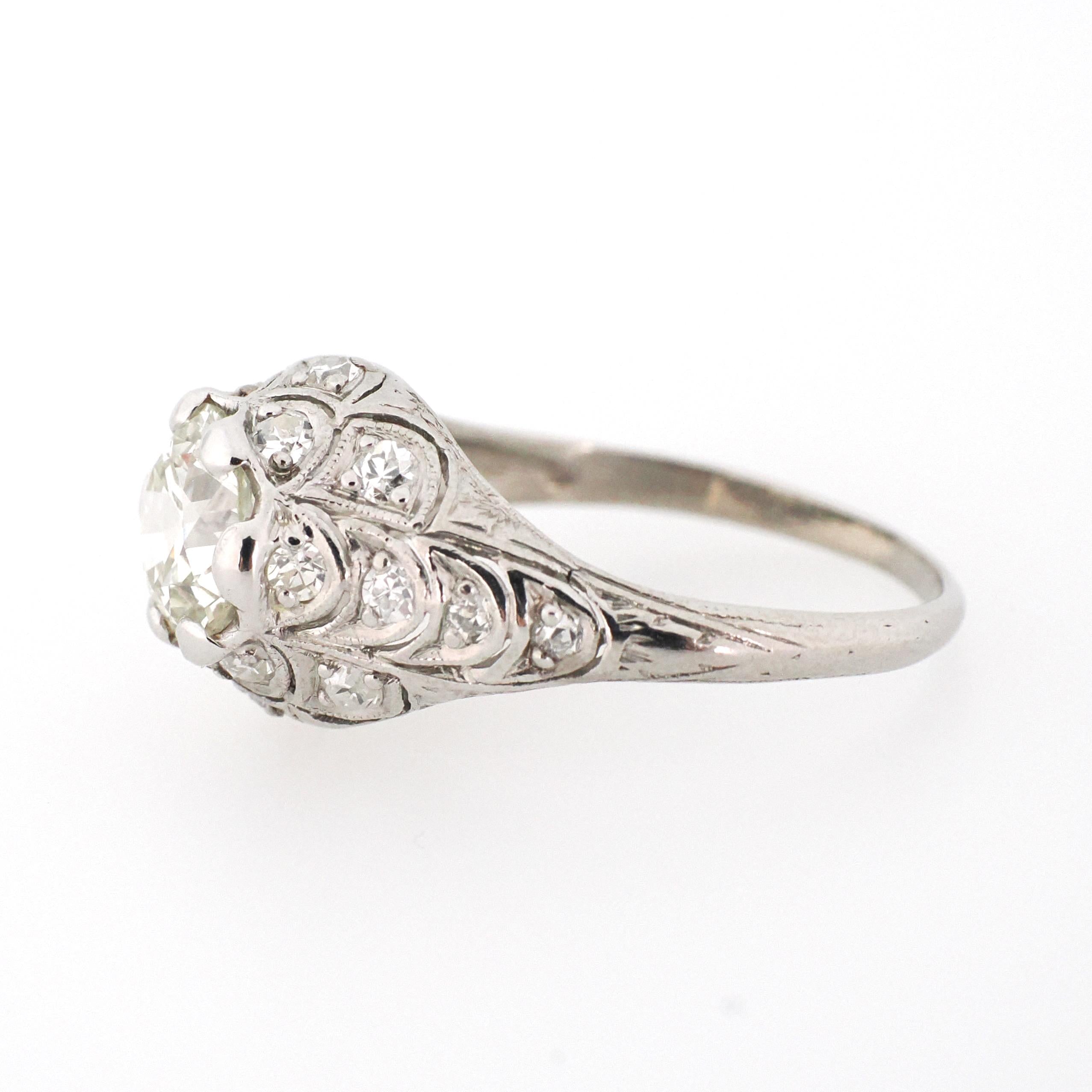 1.18 ct Old European Cut Diamond Ring - Platinum 1.53 CTW Natural Diamond Filigree Engagement - Circa 1920s Era Size 6 Mermaid Fine Jewelry