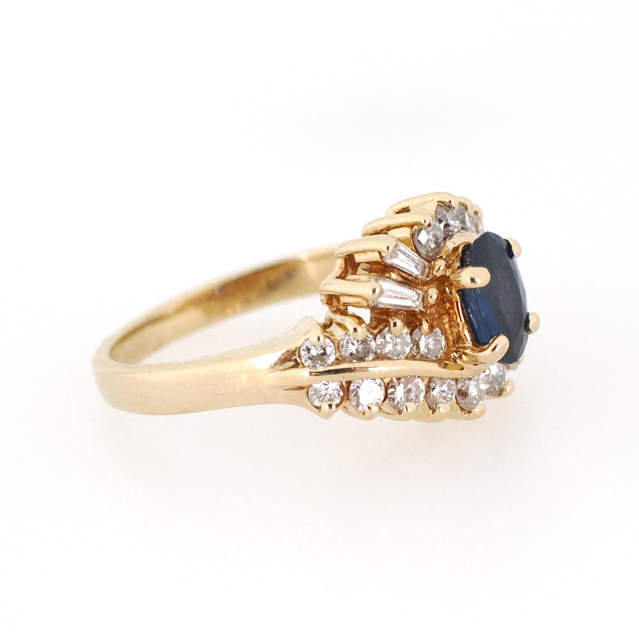 Ballerina Halo Ring - Estate 14k Yellow Gold .46 CT Natural Blue Sapphire .54 CTW Diamonds - Modern 1990s Size 4.25 Engagement Fine Jewelry