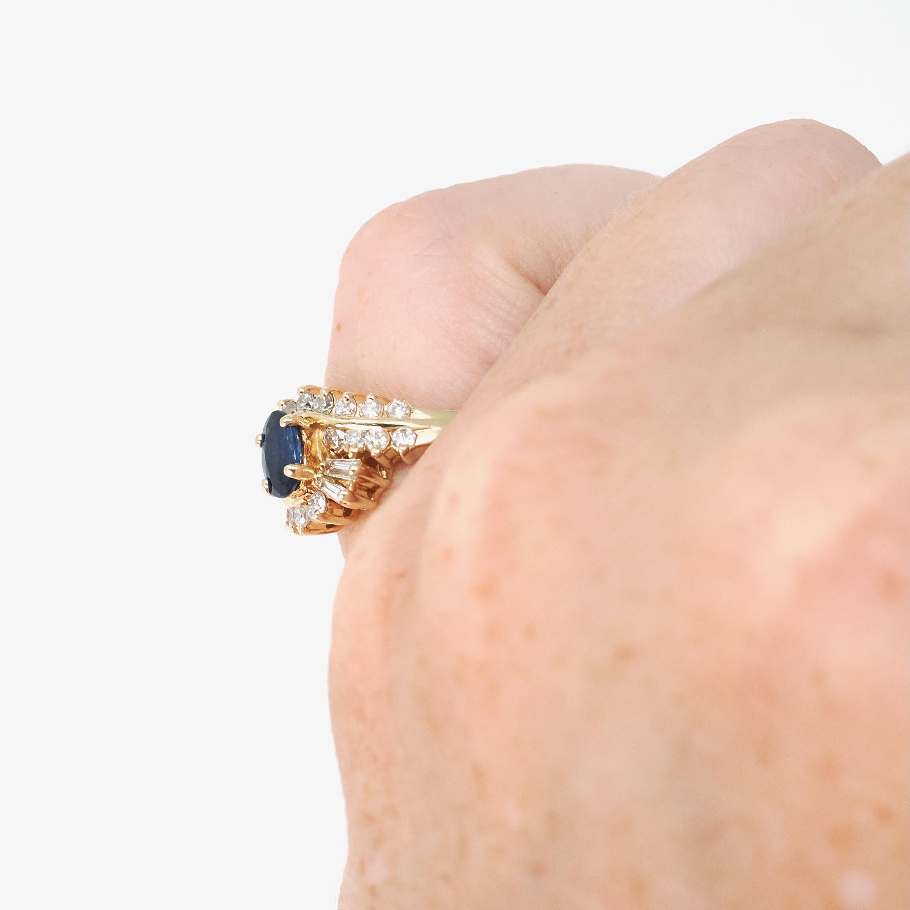 Ballerina Halo Ring - Estate 14k Yellow Gold .46 CT Natural Blue Sapphire .54 CTW Diamonds - Modern 1990s Size 4.25 Engagement Fine Jewelry