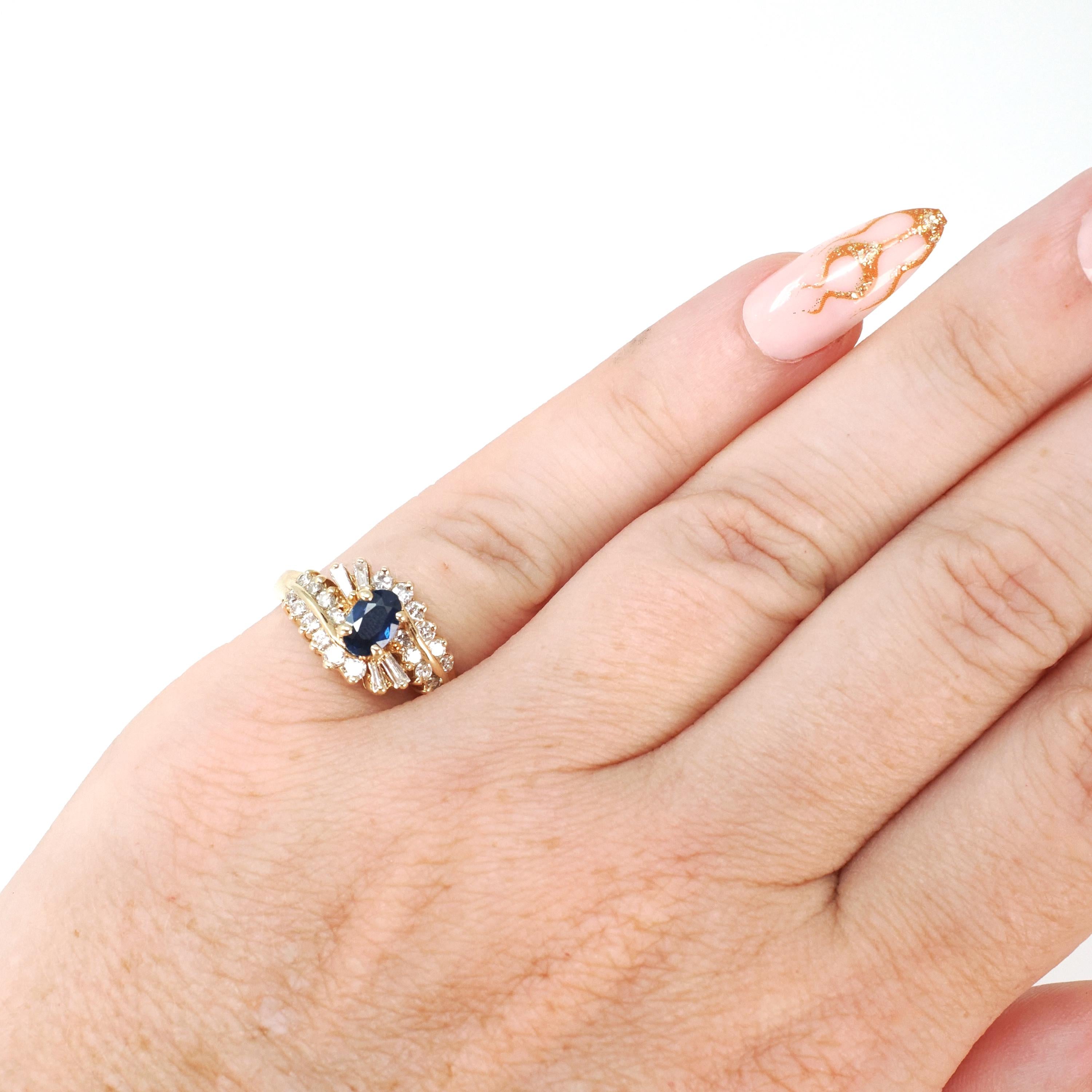 Ballerina Halo Ring - Estate 14k Yellow Gold .46 CT Natural Blue Sapphire .54 CTW Diamonds - Modern 1990s Size 4.25 Engagement Fine Jewelry