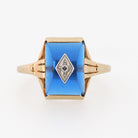 Created Blue Spinel Ring - Mid Century 10k Yellow Gold Fancy Cut Stone & Natural Diamond Signet - Circa 1940s Era Size 6 Fine Unisex Jewelry