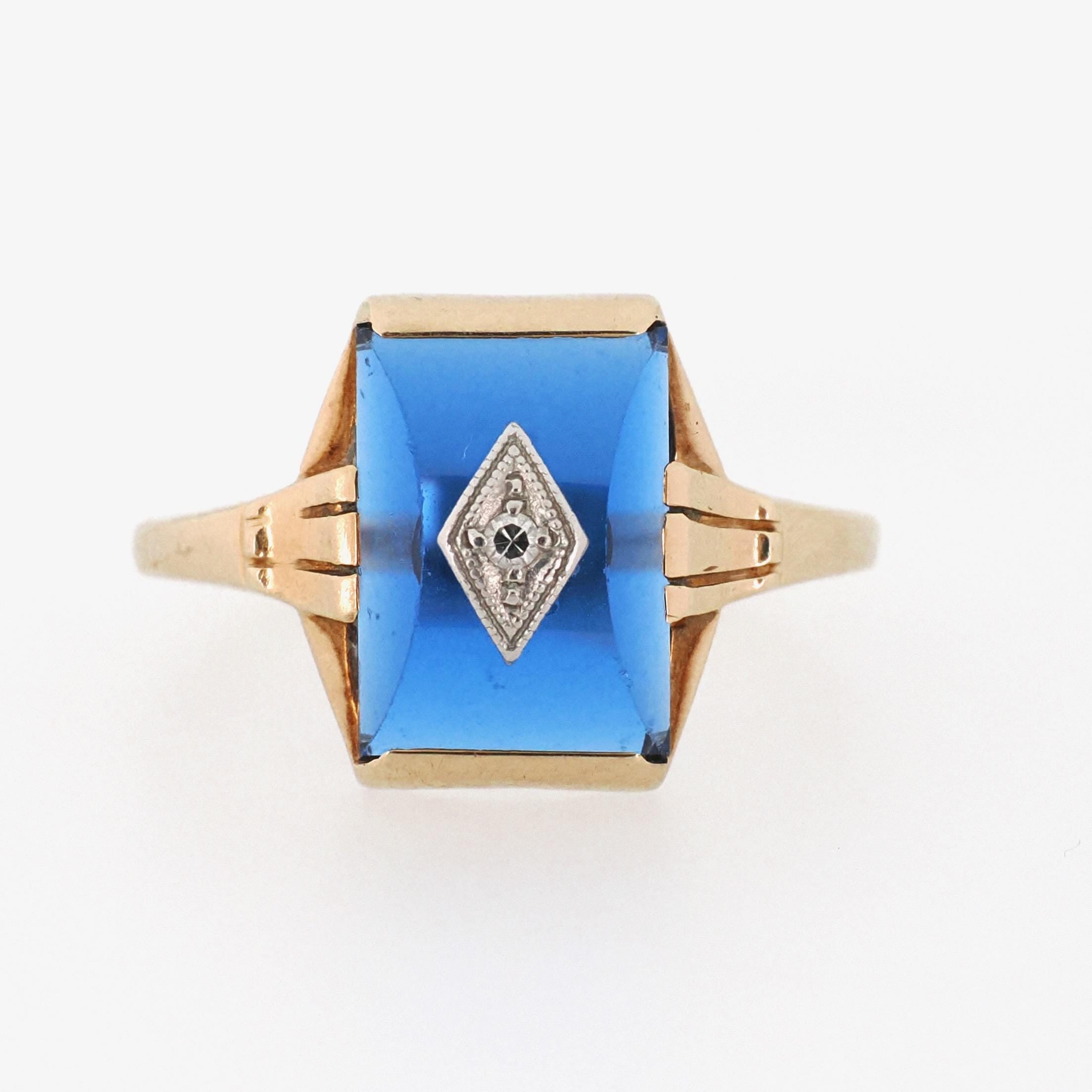 Created Blue Spinel Ring - Mid Century 10k Yellow Gold Fancy Cut Stone & Natural Diamond Signet - Circa 1940s Era Size 6 Fine Unisex Jewelry