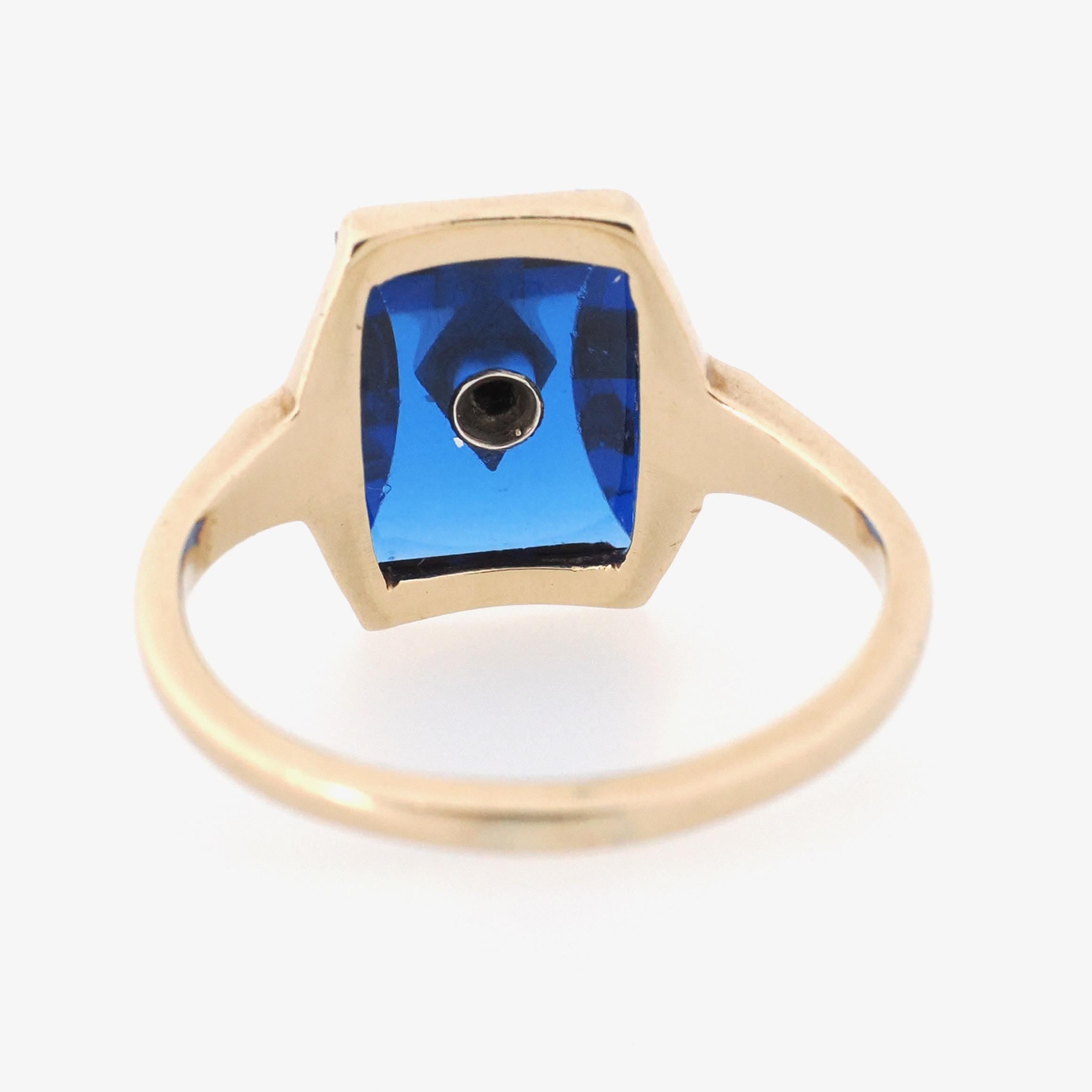 Created Blue Spinel Ring - Mid Century 10k Yellow Gold Fancy Cut Stone & Natural Diamond Signet - Circa 1940s Era Size 6 Fine Unisex Jewelry