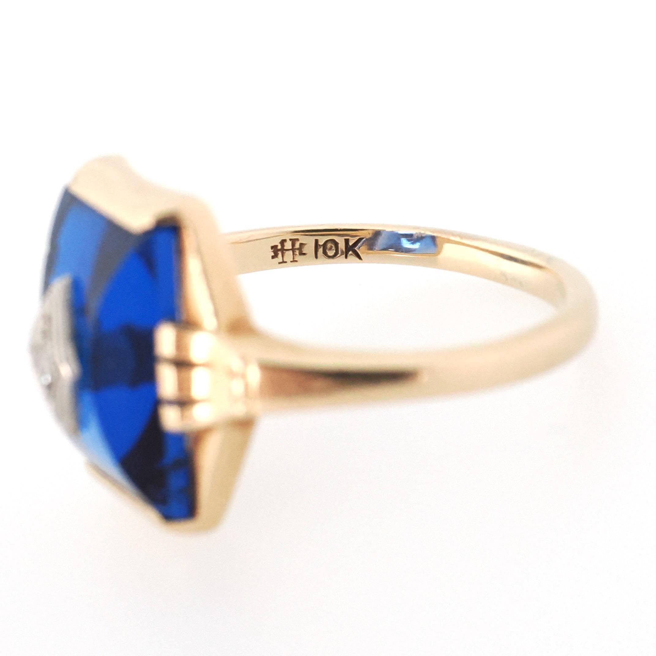 Created Blue Spinel Ring - Mid Century 10k Yellow Gold Fancy Cut Stone & Natural Diamond Signet - Circa 1940s Era Size 6 Fine Unisex Jewelry