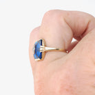 Created Blue Spinel Ring - Mid Century 10k Yellow Gold Fancy Cut Stone & Natural Diamond Signet - Circa 1940s Era Size 6 Fine Unisex Jewelry