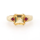 Modern Citrine Ring - Estate 14k Yellow Gold Natural Square Citrine & Created Ruby Gemstones - Circa 2000s Era Size 6 Fine November Jewelry